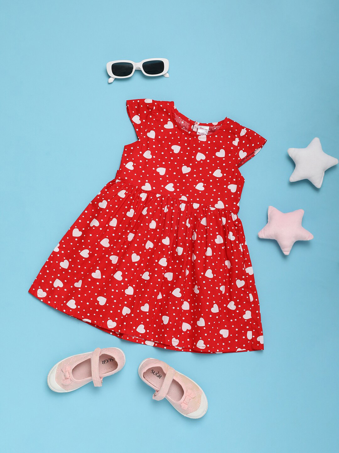

V-Mart Girls Conversational Printed Fit & Flare Cotton Dress, Red
