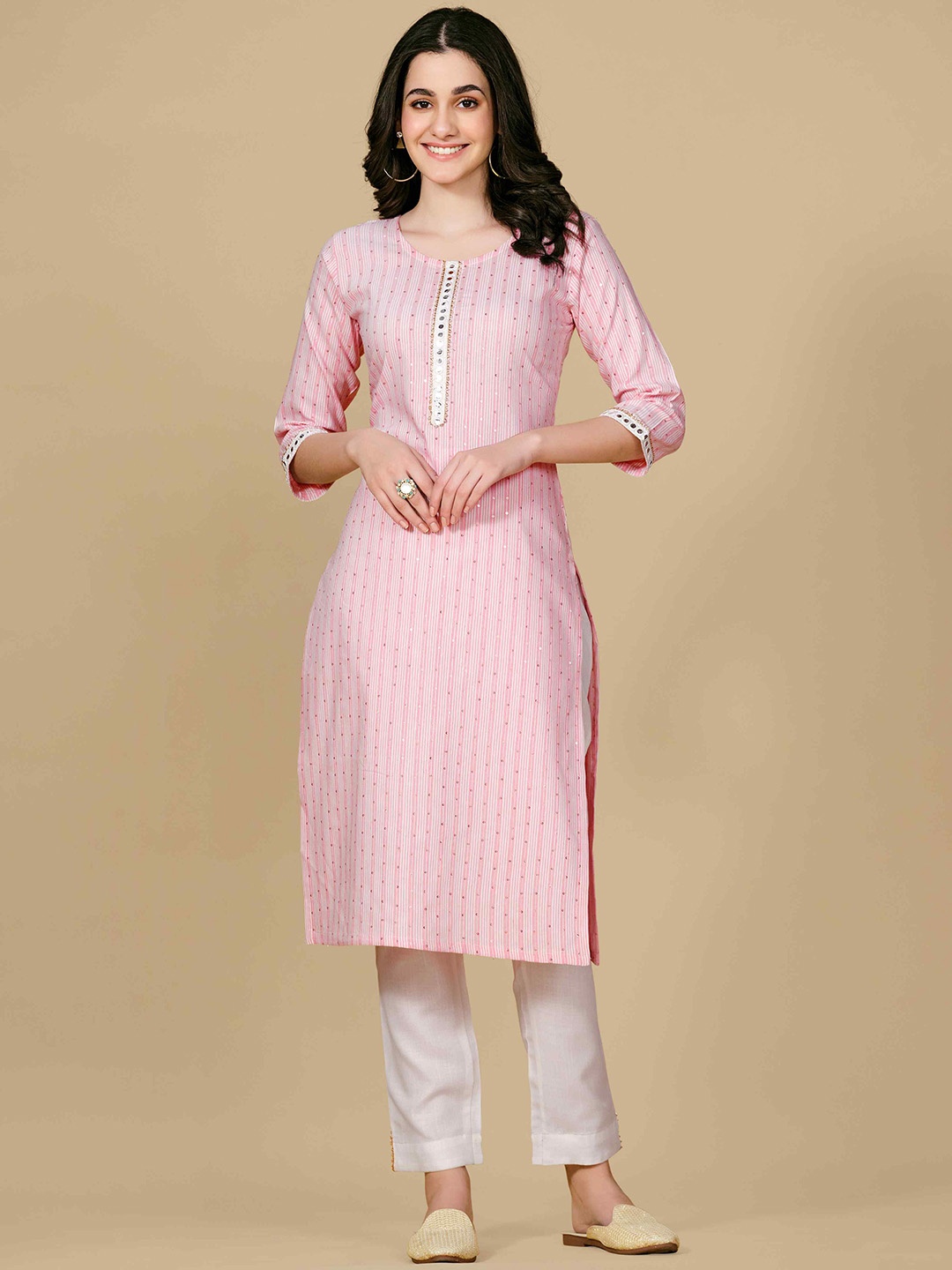 

TextileNow Cotton Striped Weaved Sequins Embroidered Lace Kurta, Pink