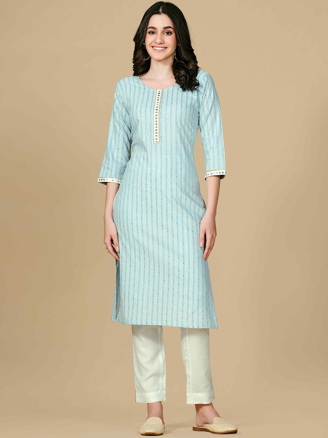 

TextileNow Cotton Striped Weaved Sequins Embroidered Lace Kurta, Blue