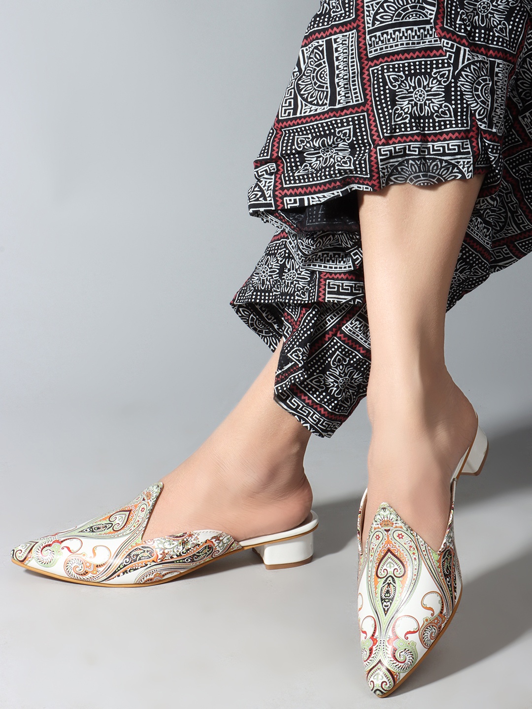 

Denill Printed Block Heeled Mules, White