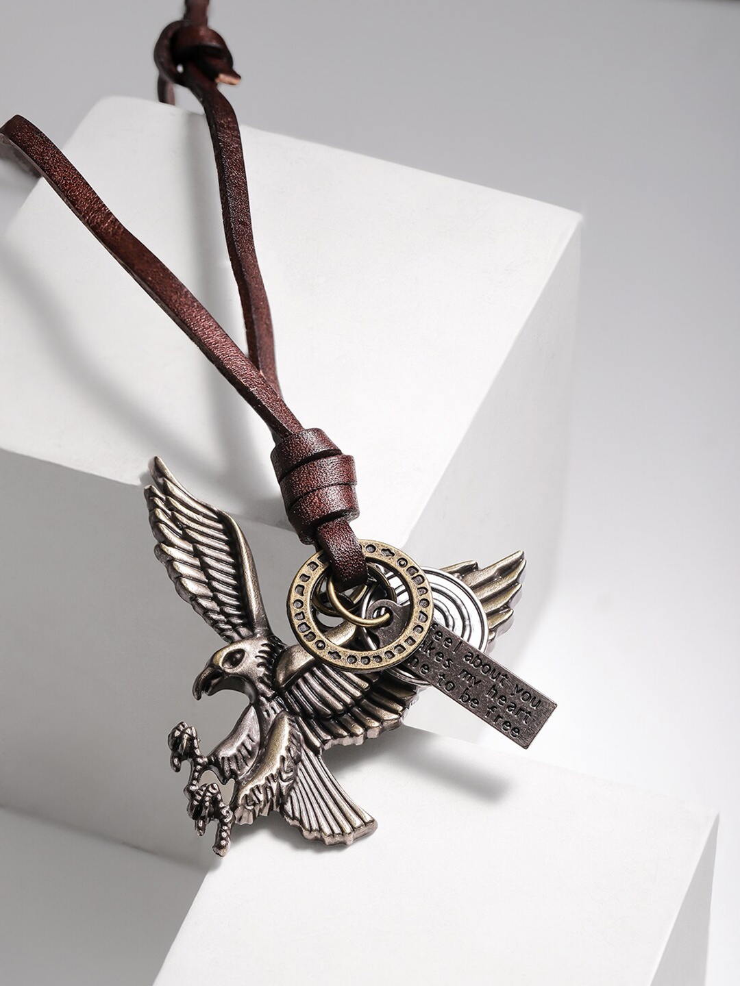 

Rubans Voguish Brown Leather Cord Necklace with Silver Toned Eagle Pendant