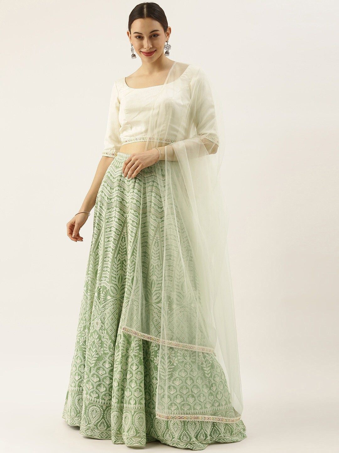 

Ethnovog Embroidered Thread Work Semi-Stitched Lehenga & Unstitched Blouse With Dupatta, Beige