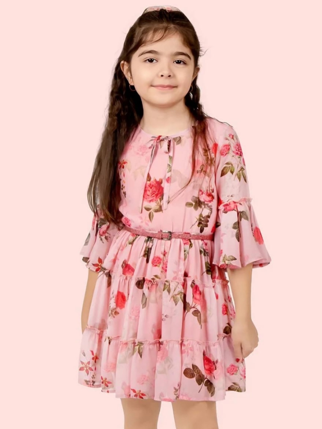 

BAESD Girls Floral Print Bell Sleeves Georgette Fit & Flare Dress, Pink