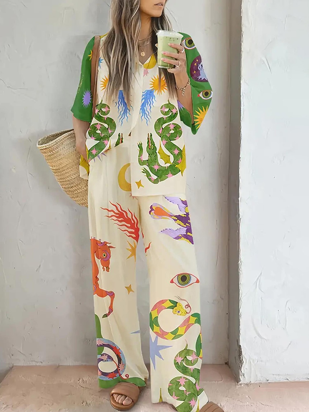 

LULU & SKY Conversational Printed Shirt With Trouser, White