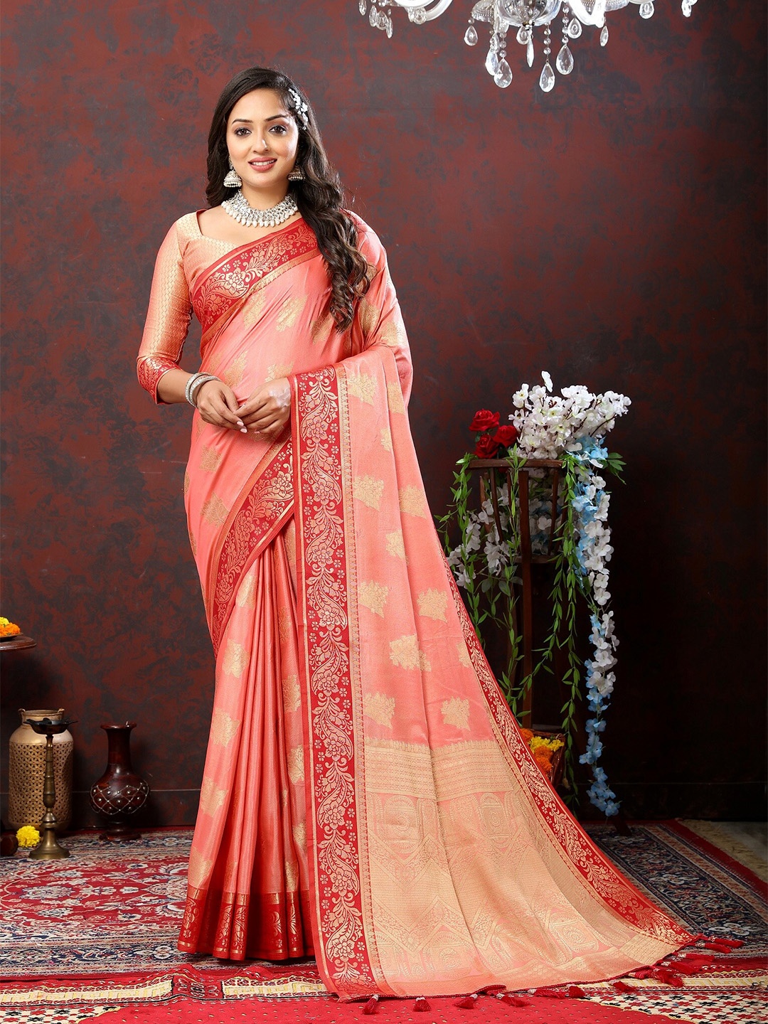 

VEDANT VASTRAM Ethnic Motifs Woven Design Zari Silk Cotton Saree, Peach