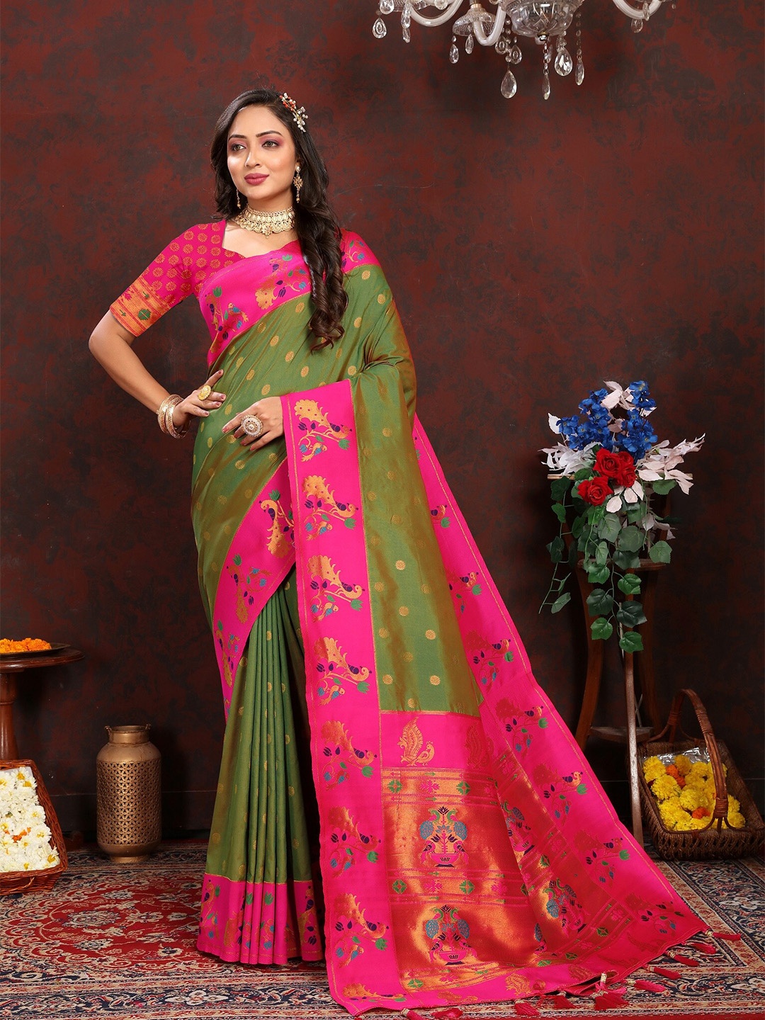 

VEDANT VASTRAM Ethnic Motifs Woven Design Zari Paithani Saree, Olive