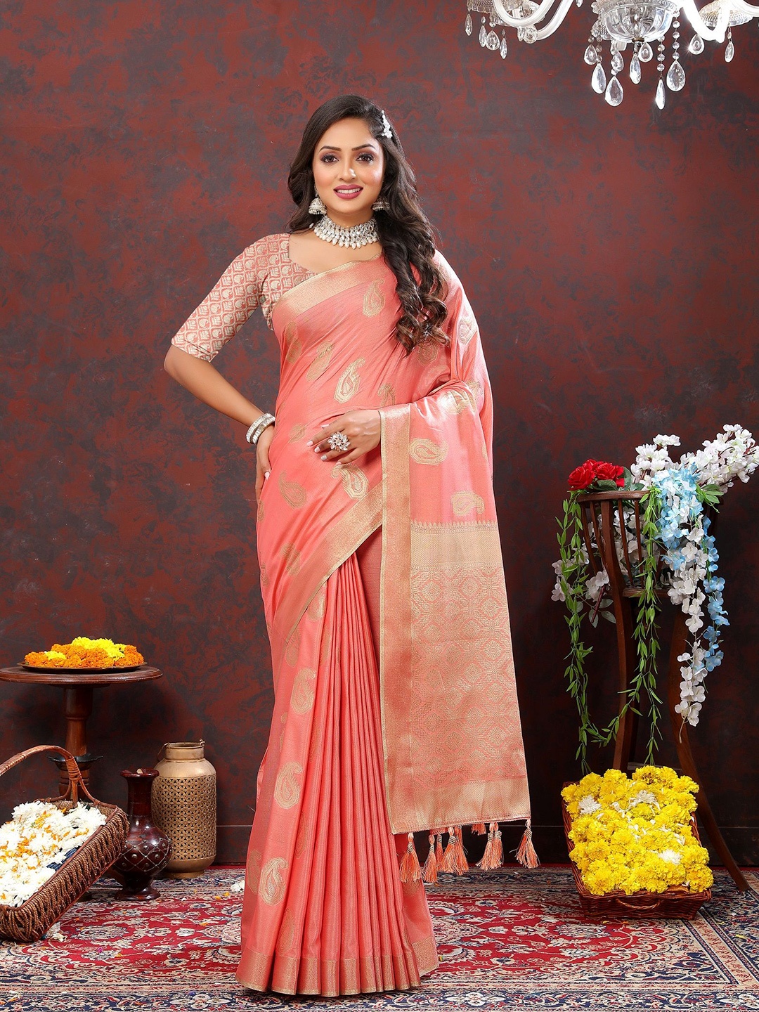 

VEDANT VASTRAM Ethnic Motifs Woven Design Zari Silk Cotton Saree, Peach