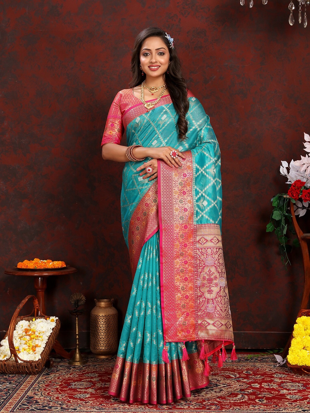 

VEDANT VASTRAM Woven Design Zari Organza Kanjeevaram Saree with Tassels, Turquoise blue