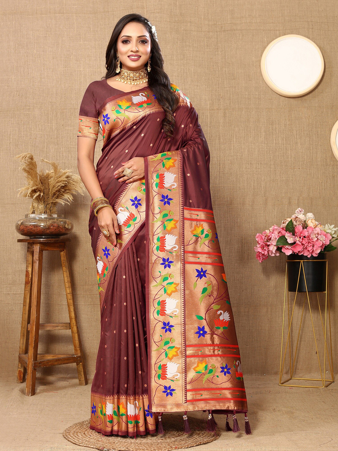 

VEDANT VASTRAM Ethnic Motifs Woven Design Zari Paithani Saree, Brown