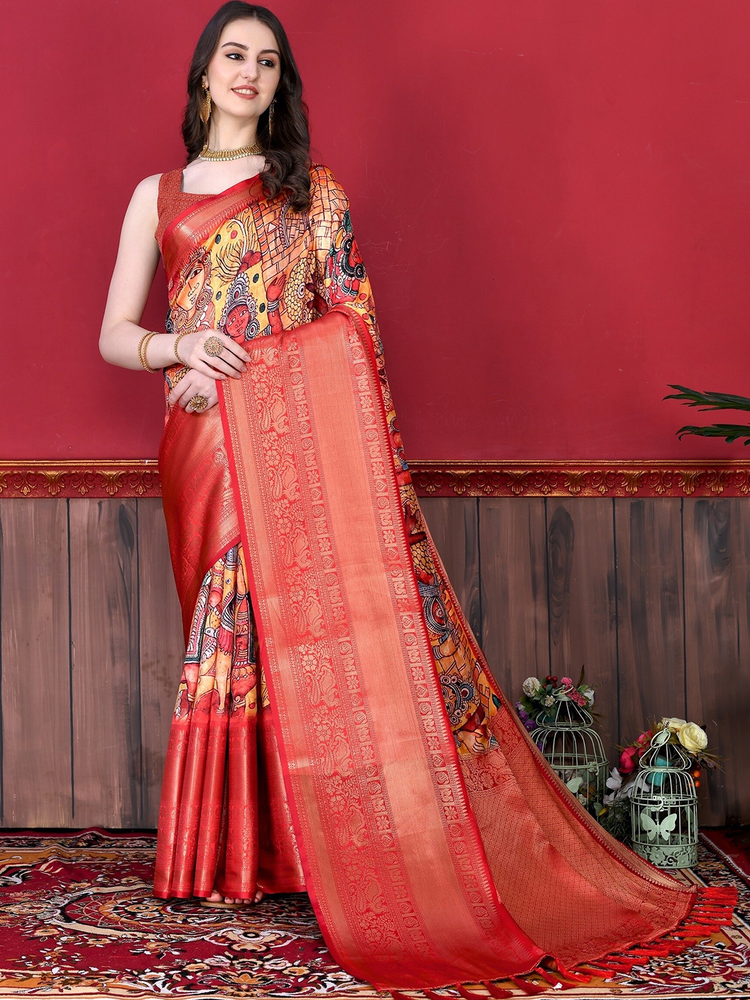 VEDANT VASTRAM Kalamkari Printed Zari Kanjeevaram Saree, Red