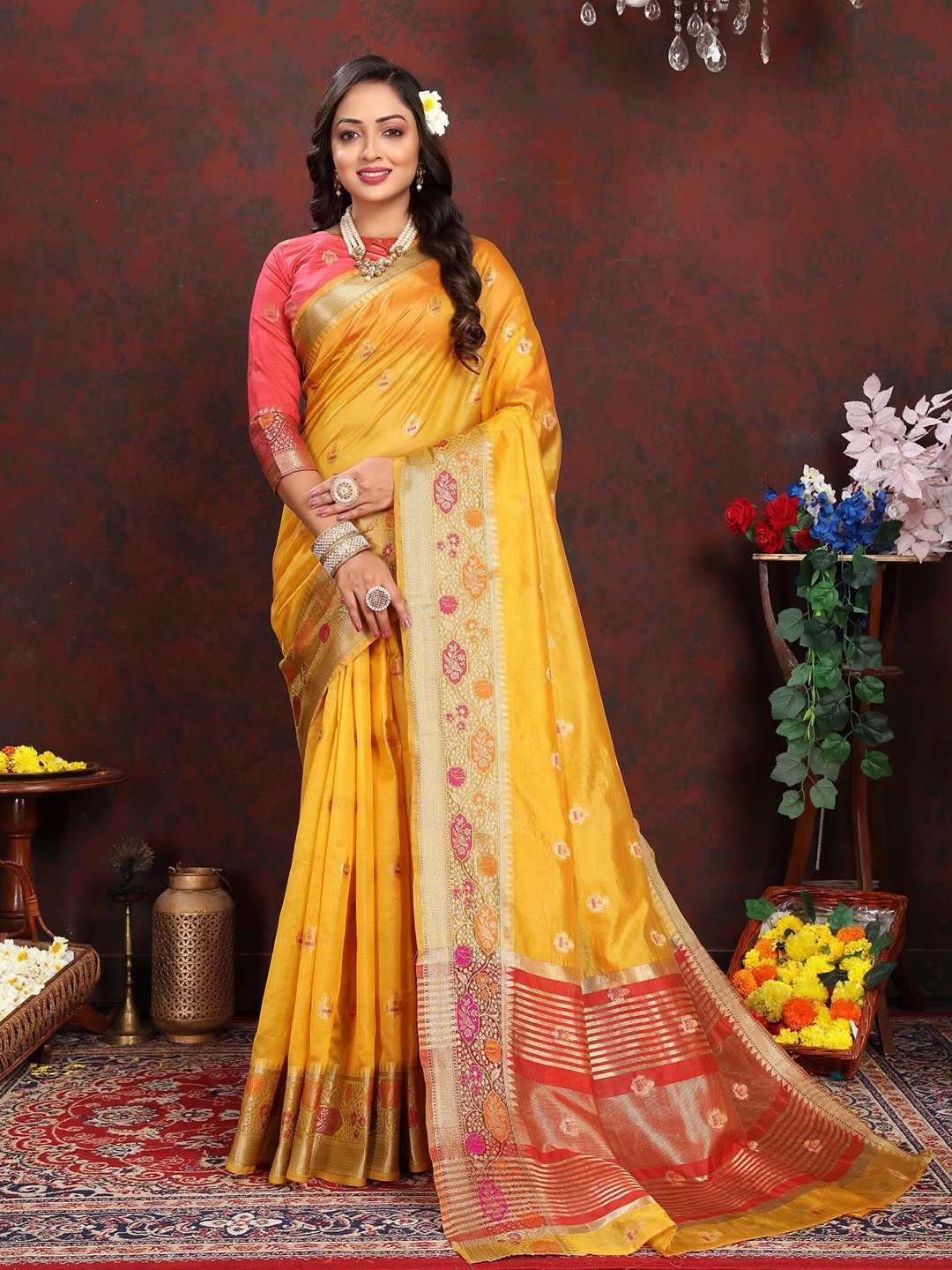

VEDANT VASTRAM Floral Woven Design Zari Organza Kanjeevaram Saree, Mustard