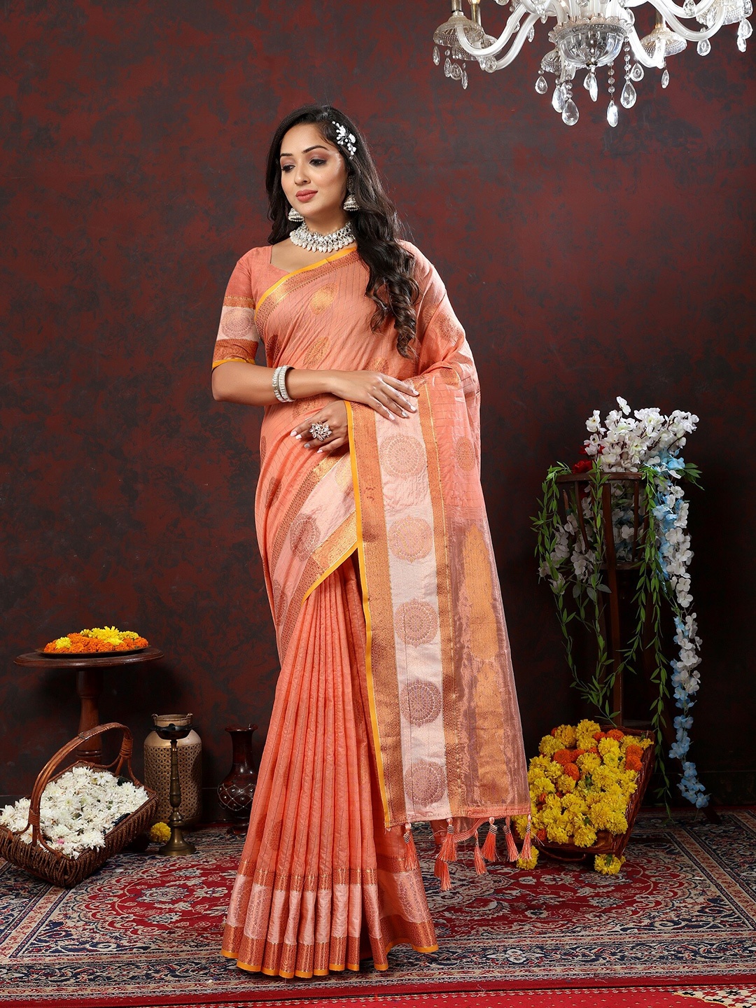 

VEDANT VASTRAM Ethnic Motifs Woven Design Zari Silk Cotton Saree, Peach