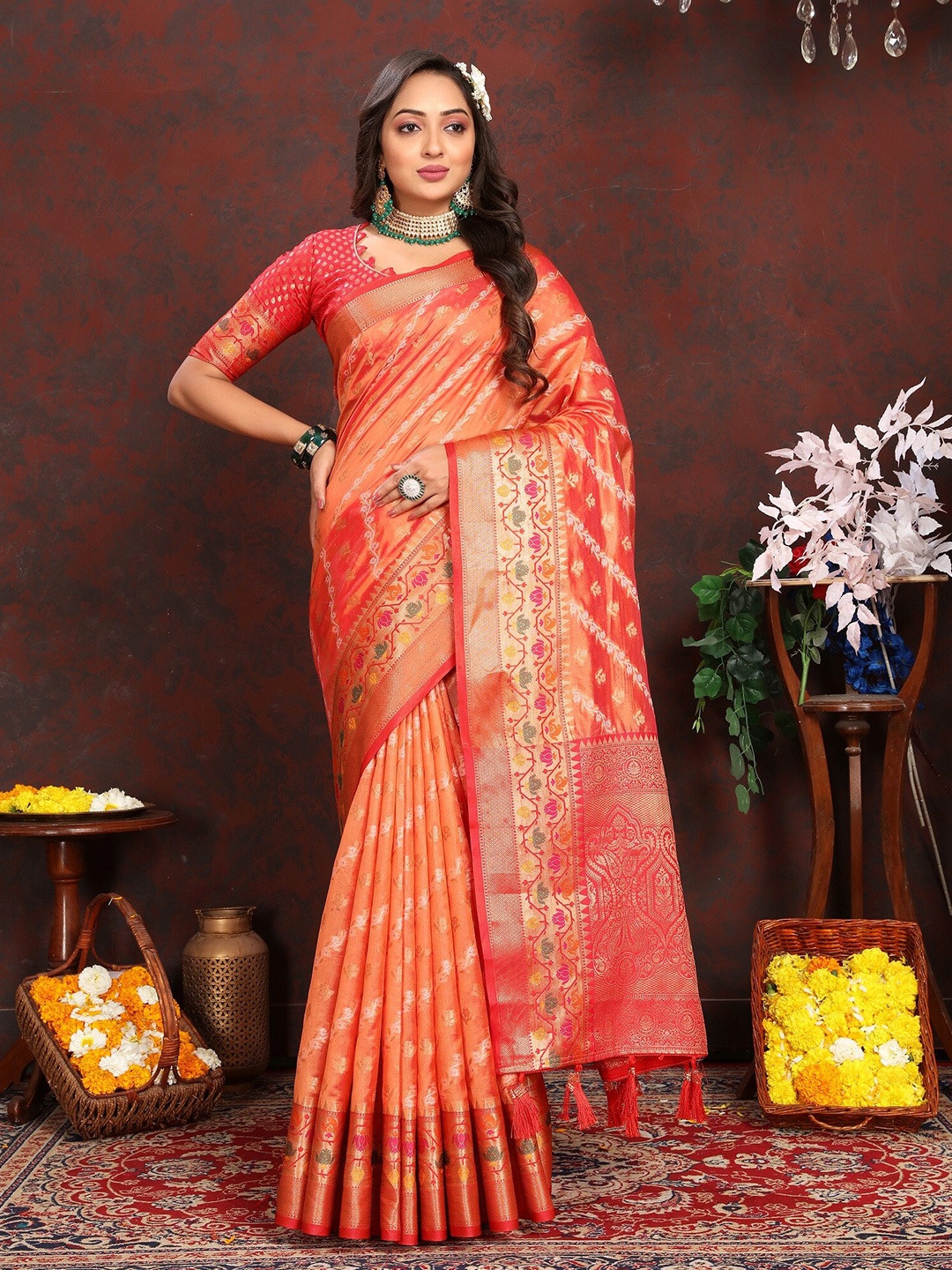VEDANT VASTRAM Ethnic Motifs Woven Design Zari Organza Saree, Orange