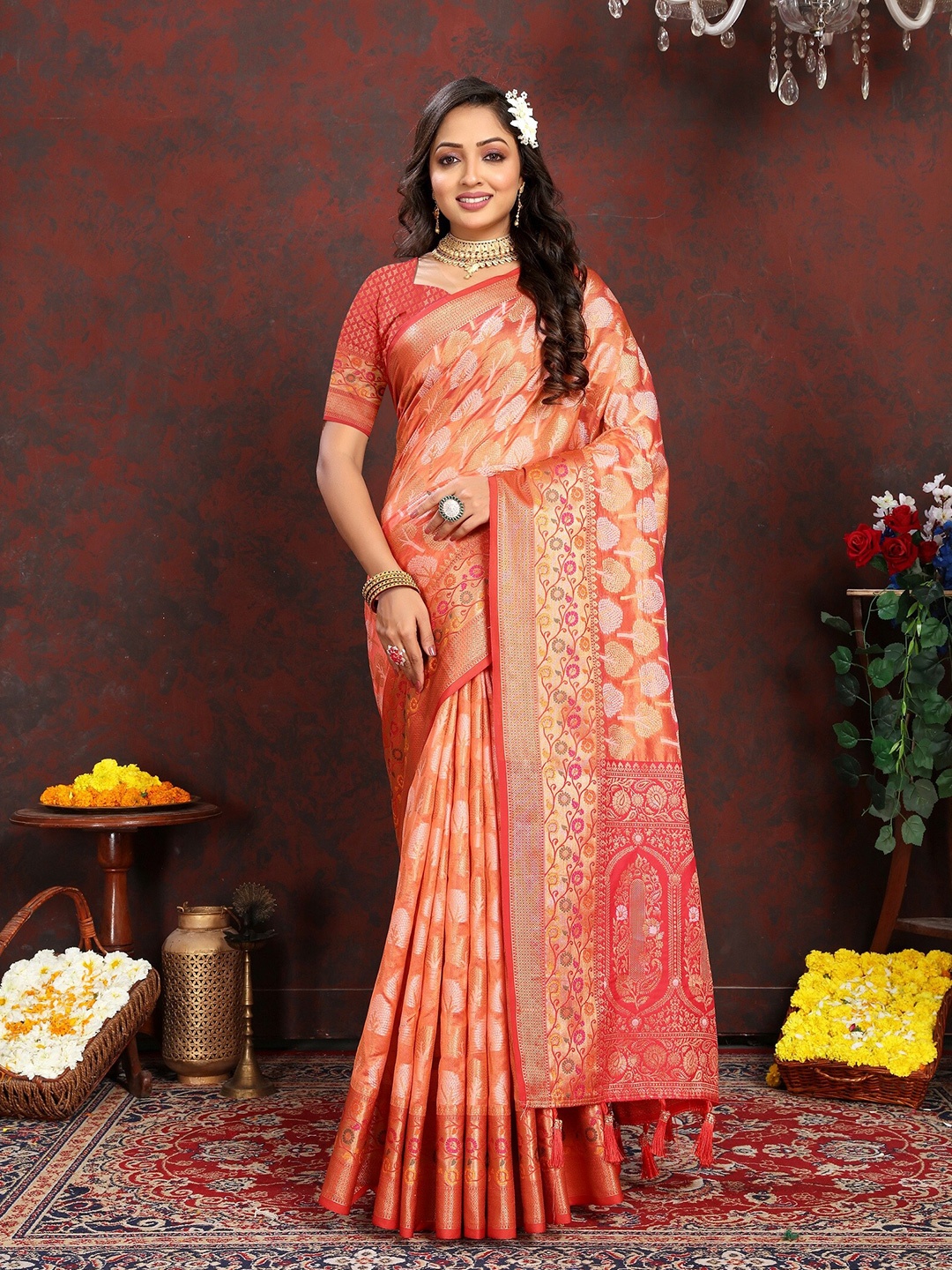 

VEDANT VASTRAM Woven Design Zari Organza Kanjeevaram Saree, Orange