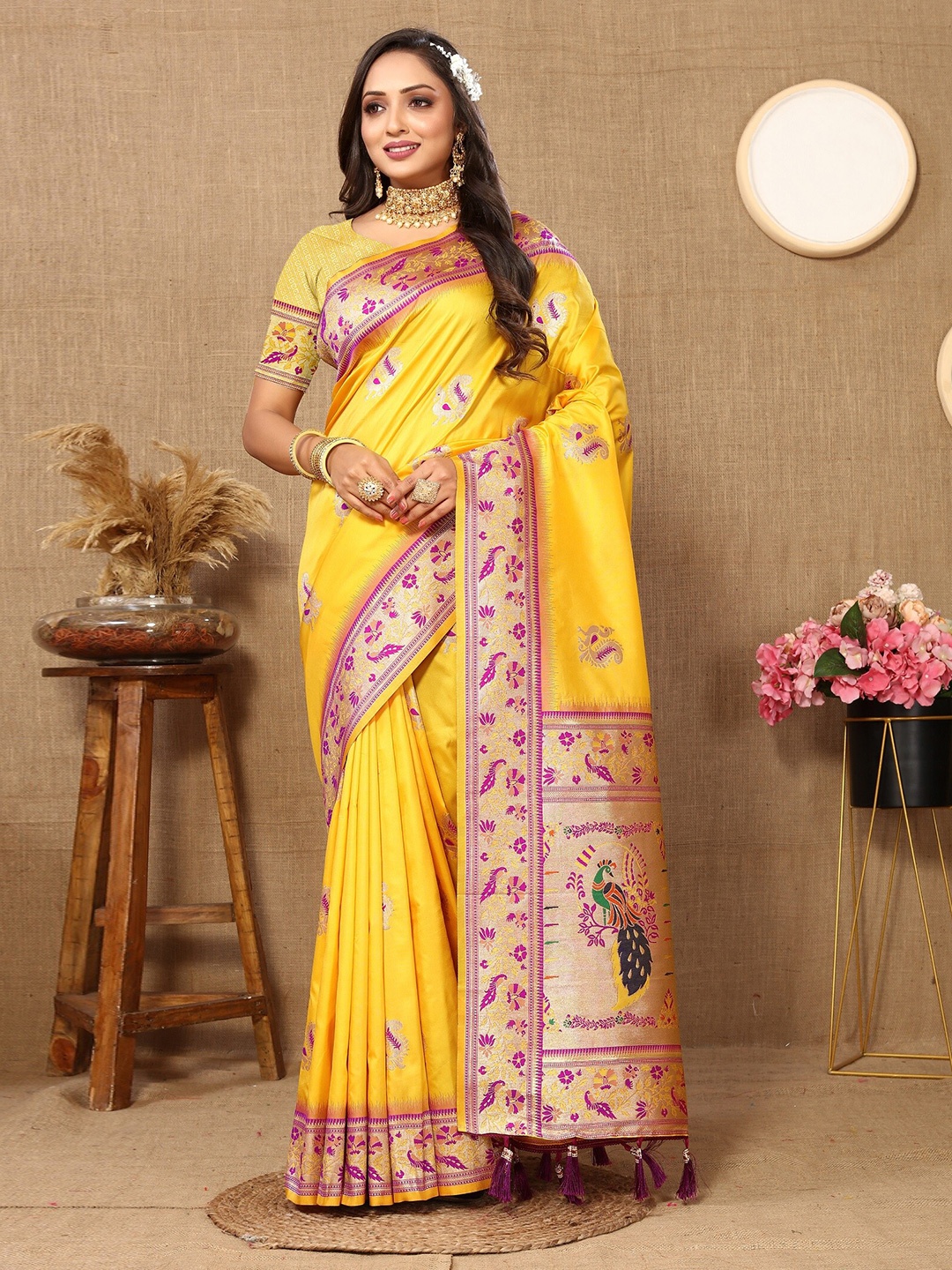 VEDANT VASTRAM Ethnic Motifs Zari Paithani Saree, Yellow