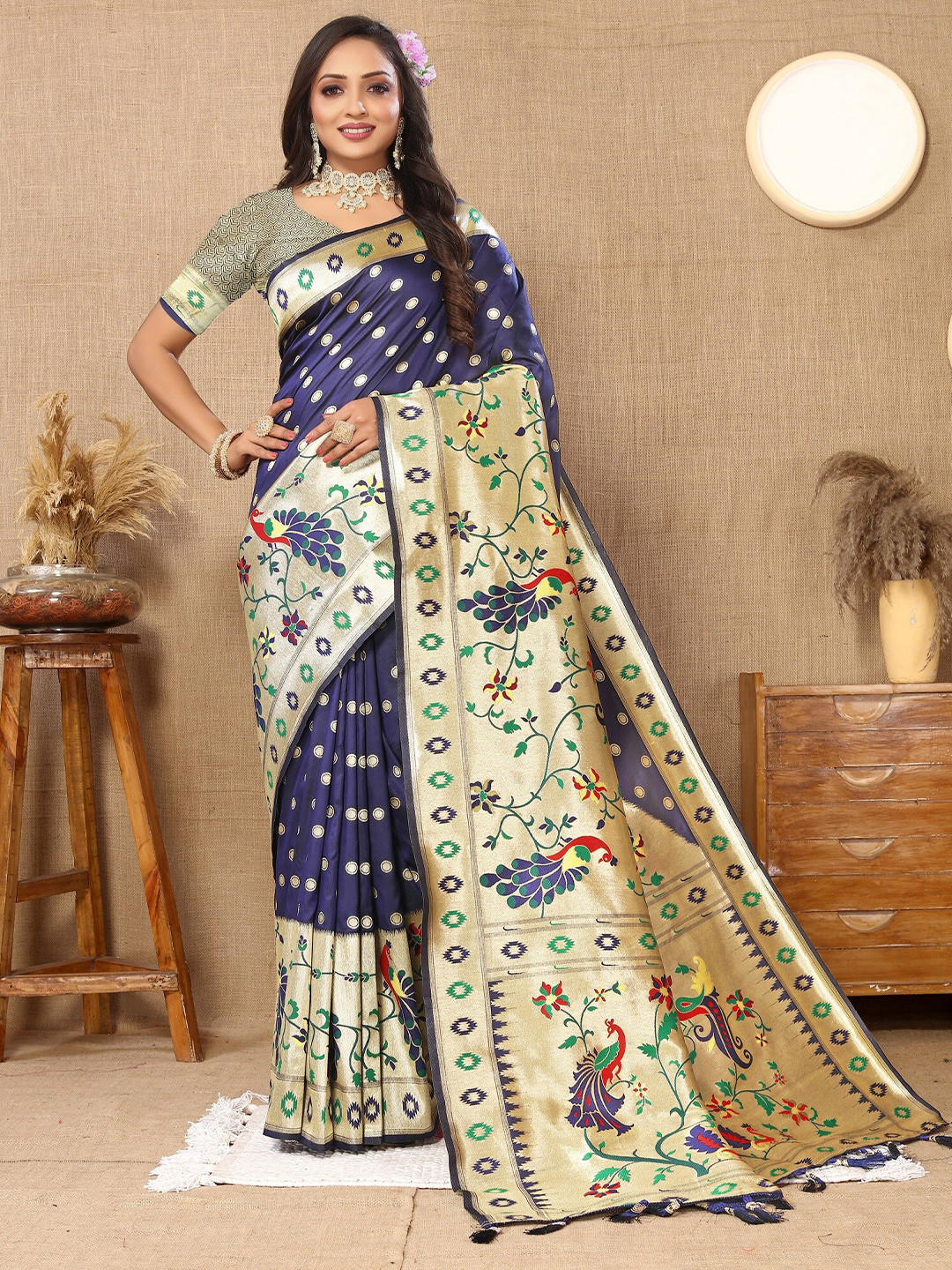 

VEDANT VASTRAM Woven Design Zari Paithani Saree with Tassels, Navy blue
