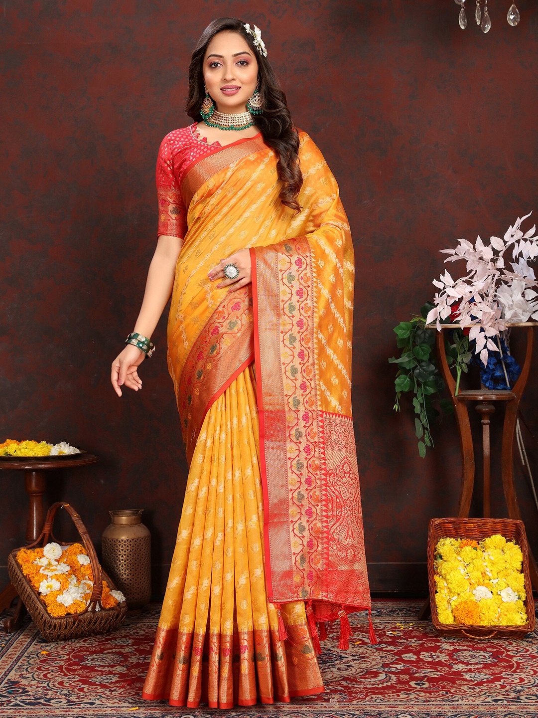 

VEDANT VASTRAM Woven Design Zari Organza Saree, Mustard