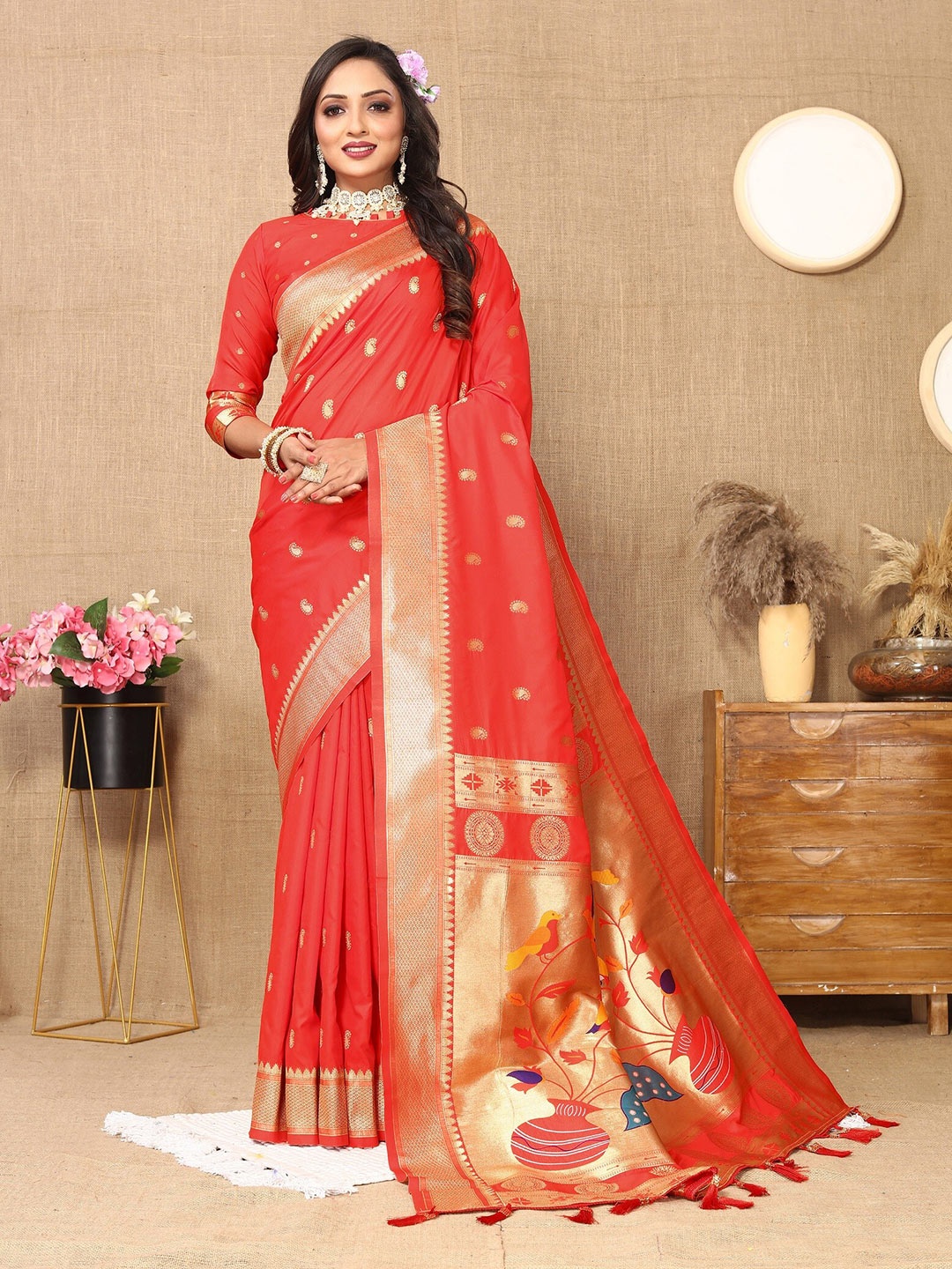 VEDANT VASTRAM Ethnic Motifs Zari Paithani Saree with Tassels, Red