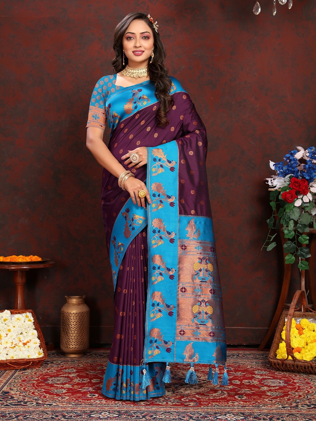 VEDANT VASTRAM Ethnic Motifs Woven Design Zari Paithani Saree, Purple