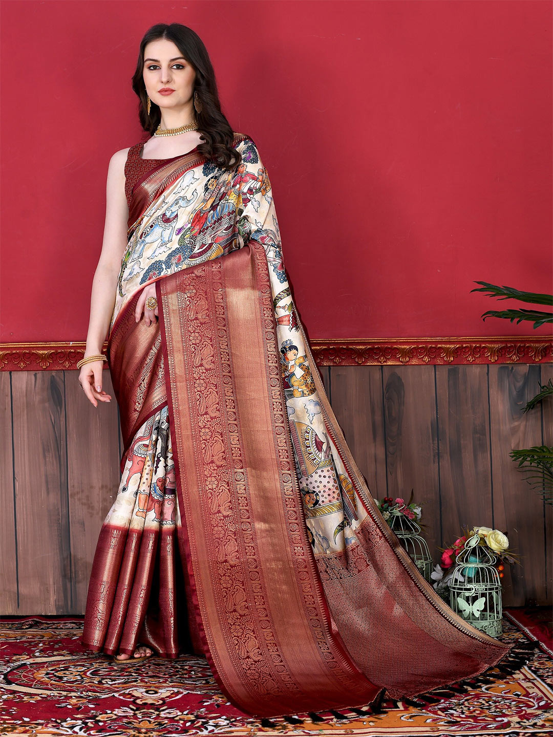 

VEDANT VASTRAM Ethnic Motifs Zari Kanjeevaram Saree with Tassels, Maroon