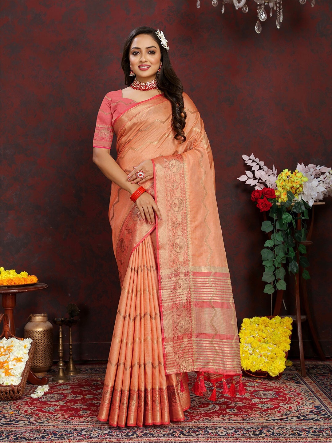 

VEDANT VASTRAM Ethnic Motifs Woven Design Zari Banarasi Saree, Peach