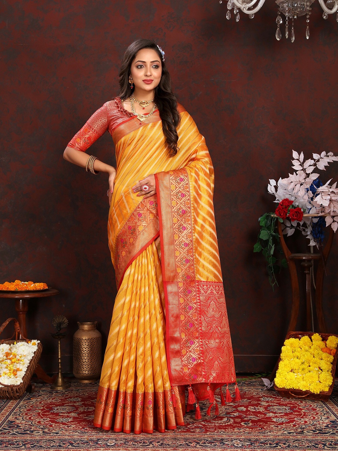

VEDANT VASTRAM Floral Woven Design Zari Organza Kanjeevaram Saree, Mustard