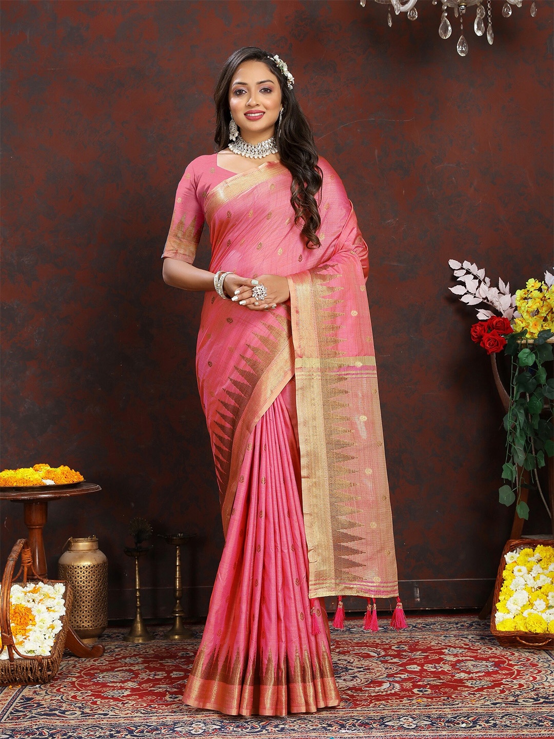 

VEDANT VASTRAM Ethnic Motifs Woven Design Zari Banarasi Saree, Pink