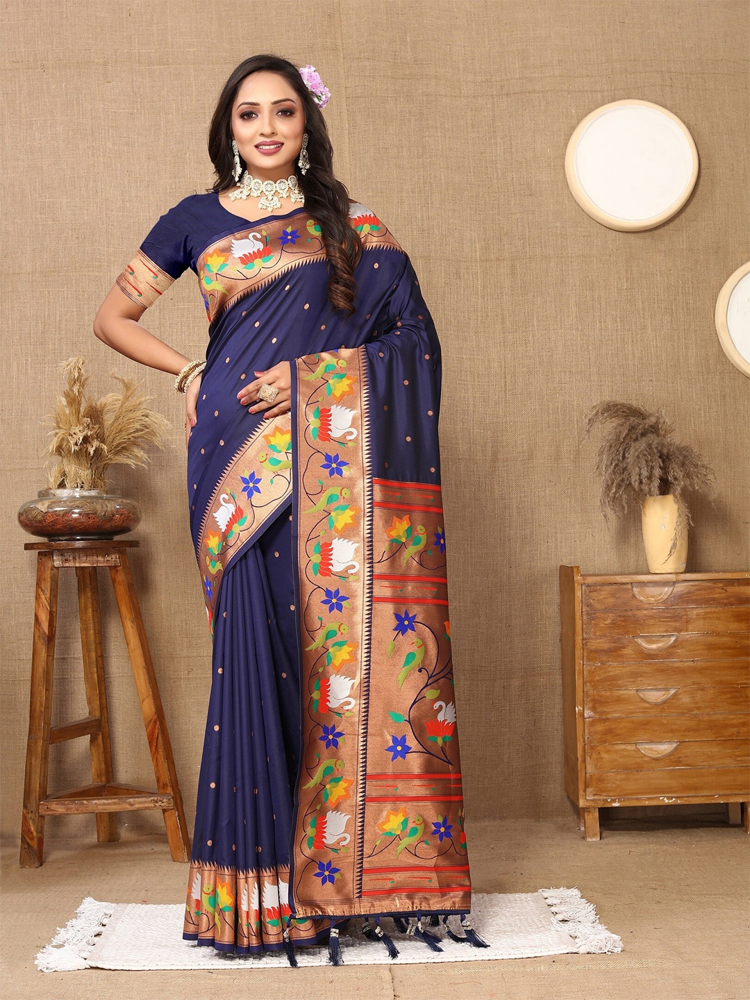 

VEDANT VASTRAM Ethnic Motifs Zari Paithani Saree, Navy blue