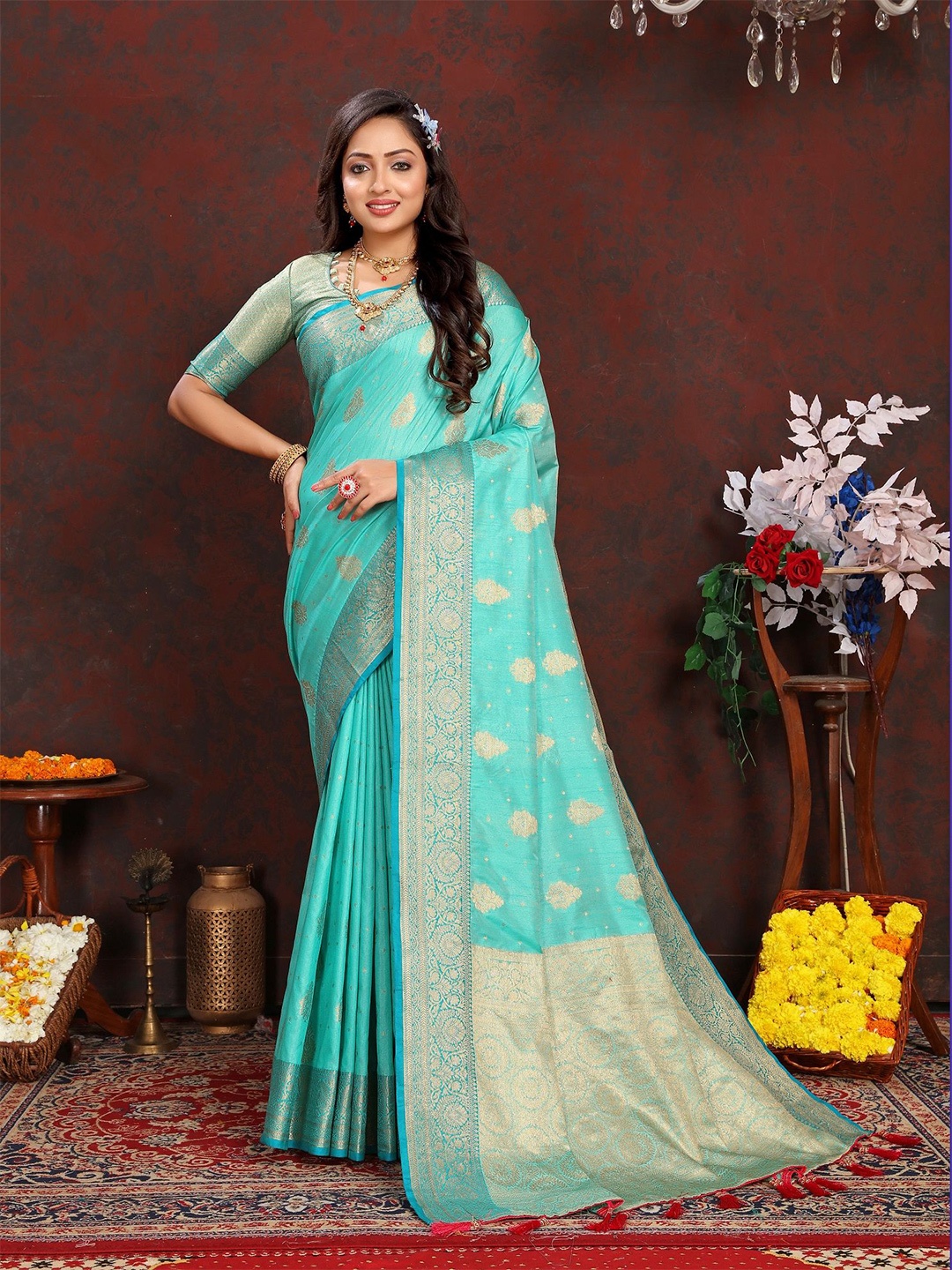 VEDANT VASTRAM Ethnic Motifs Woven Design Zari Banarasi Saree, Turquoise blue
