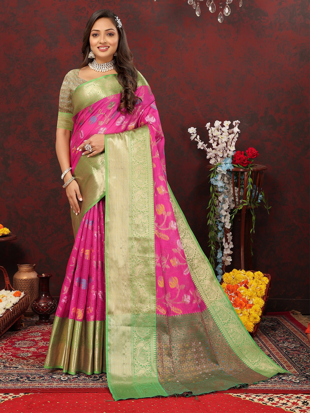 

VEDANT VASTRAM Ethnic Motifs Zari Silk Cotton Kanjeevaram Saree, Pink