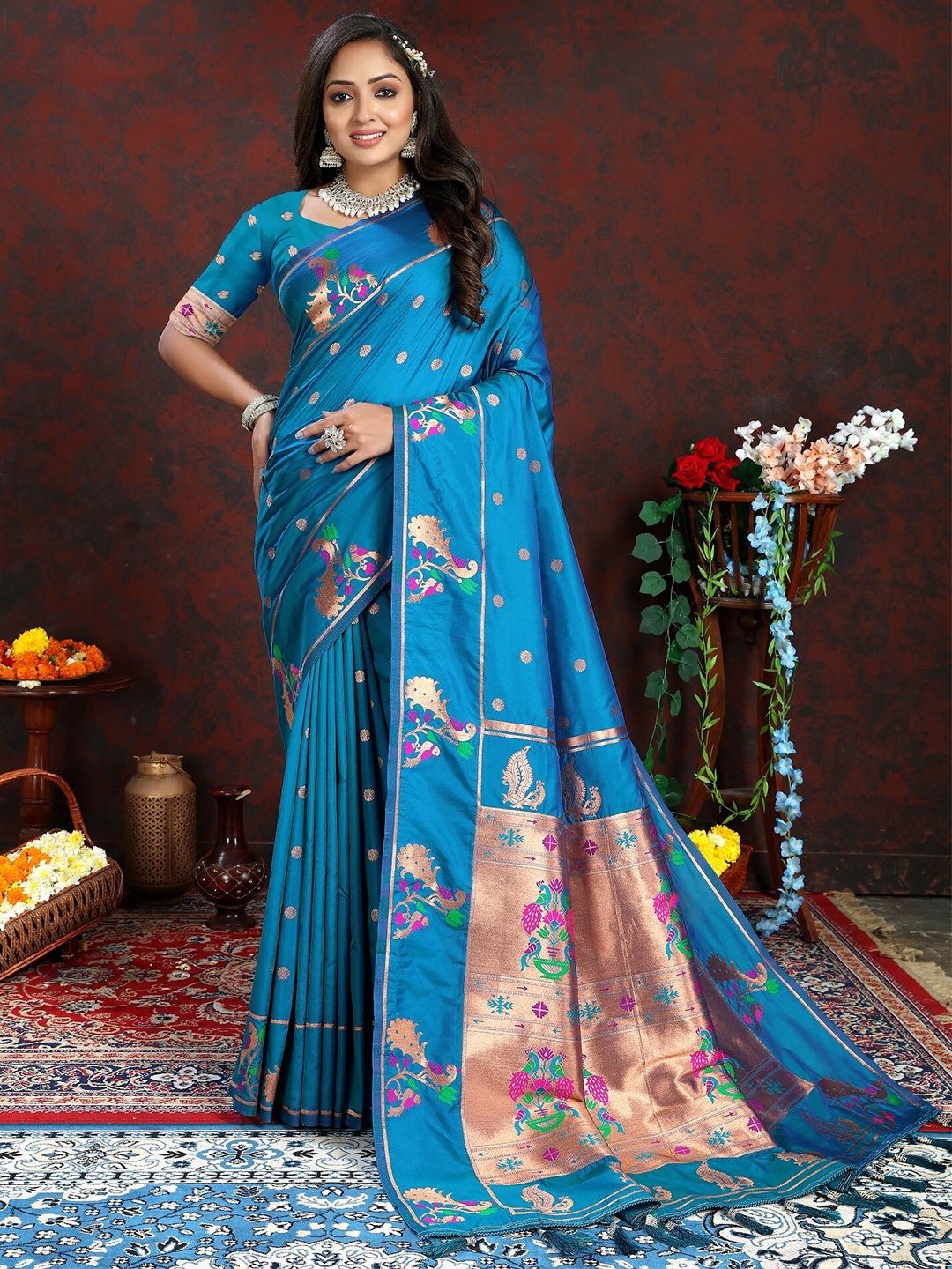 

VEDANT VASTRAM Ethnic Motifs Woven Design Zari Paithani Saree, Turquoise blue