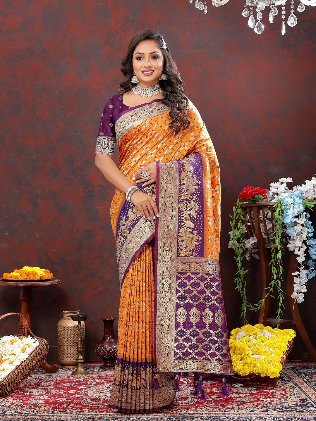 

VEDANT VASTRAM Ethnic Motifs Woven Design Zari Kanjeevaram Saree, Mustard