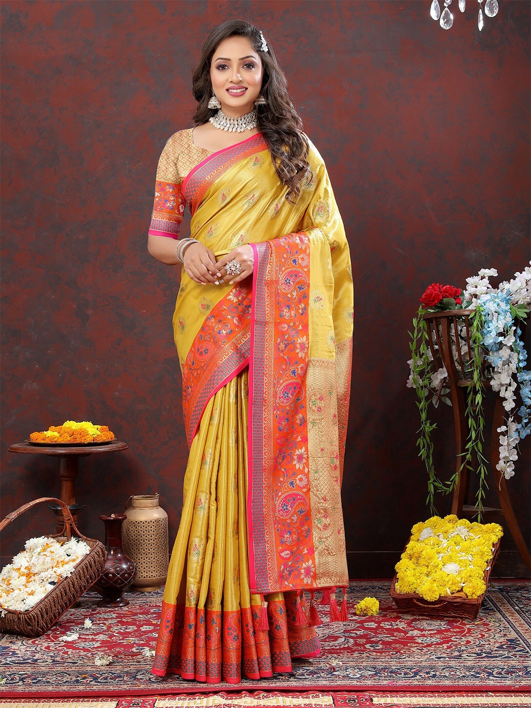 

VEDANT VASTRAM Ethnic Motifs Kanjeevaram Zari Saree, Mustard