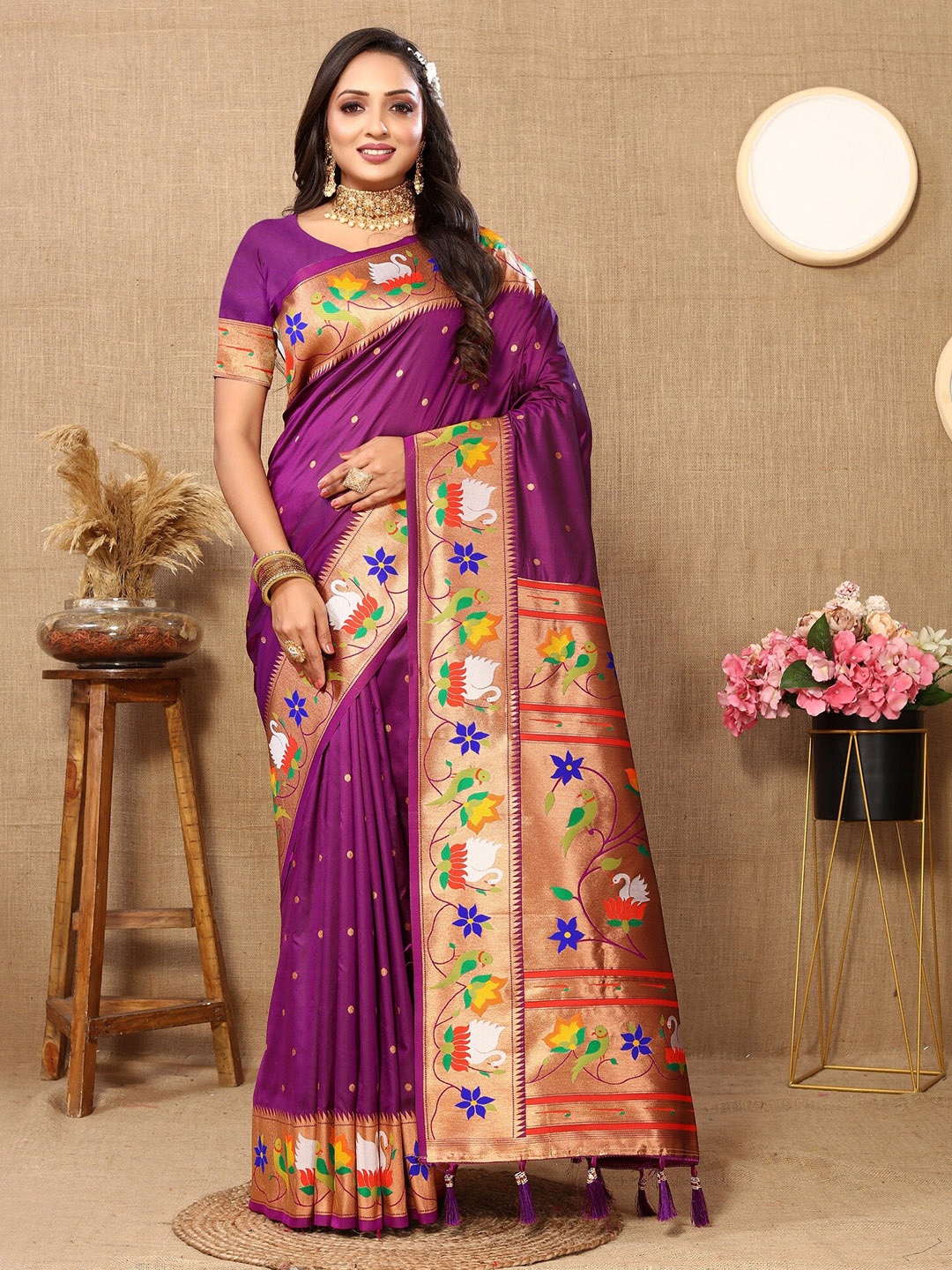 VEDANT VASTRAM Ethnic Motifs Woven Design Zari Paithani Saree, Purple