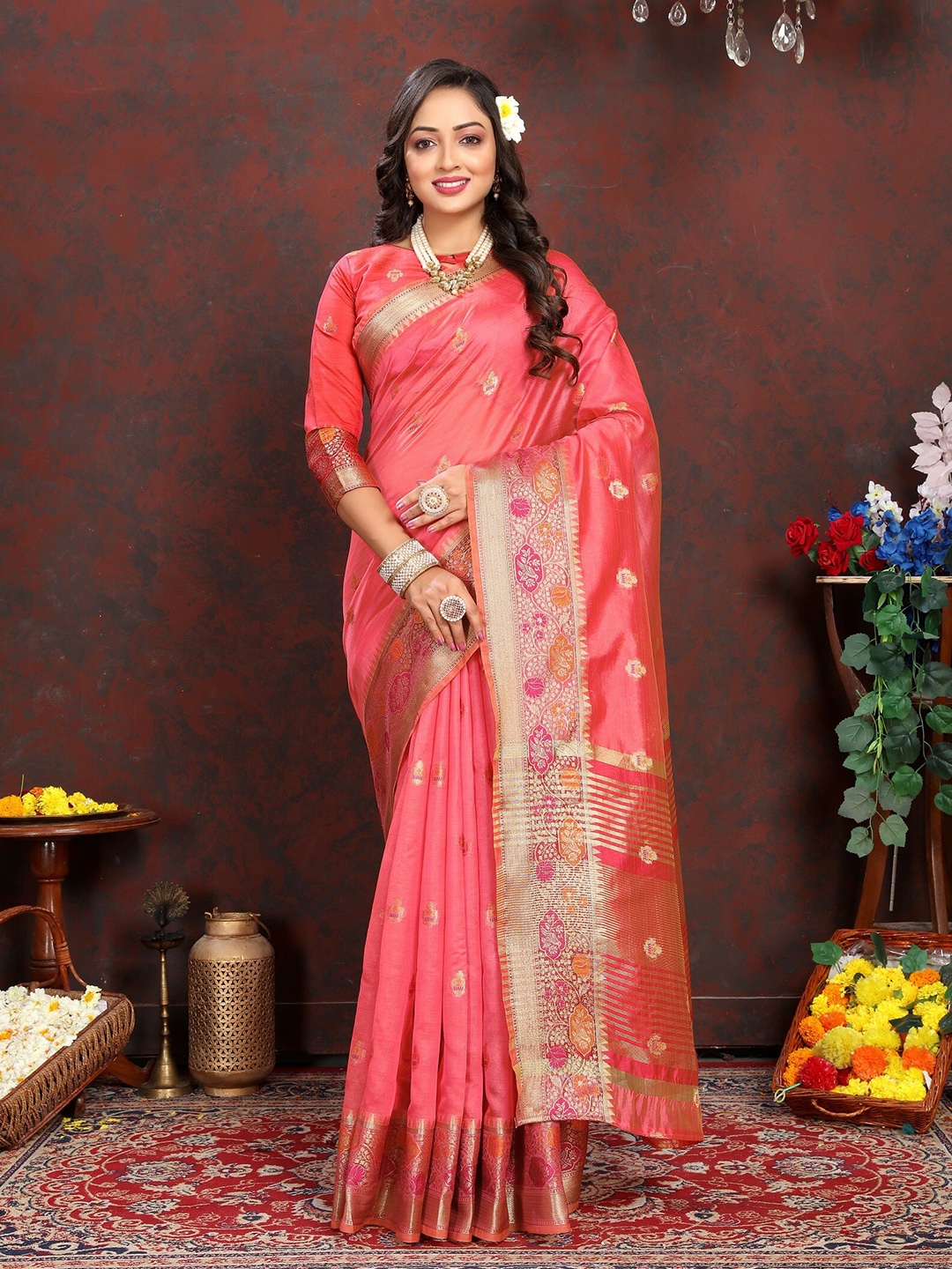 

VEDANT VASTRAM Ethnic Motifs Woven Design Zari Organza Kanjeevaram Saree, Peach