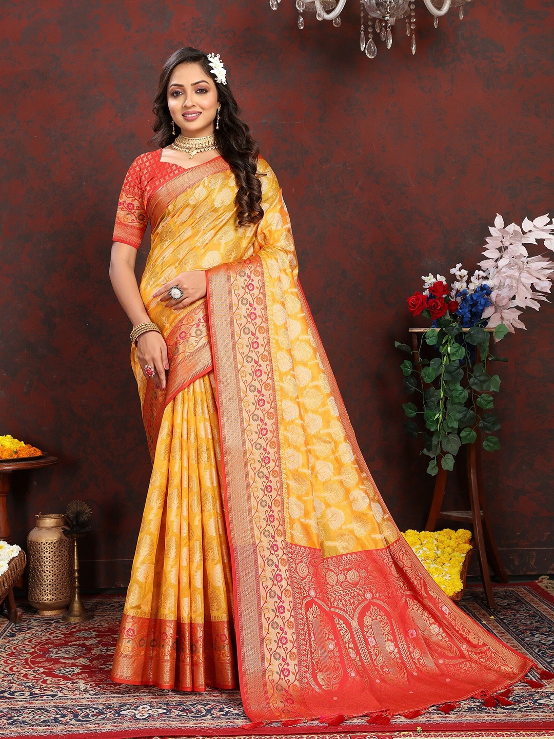 

VEDANT VASTRAM Ethnic Motifs Zari Organza Kanjeevaram Saree with Tassels, Mustard