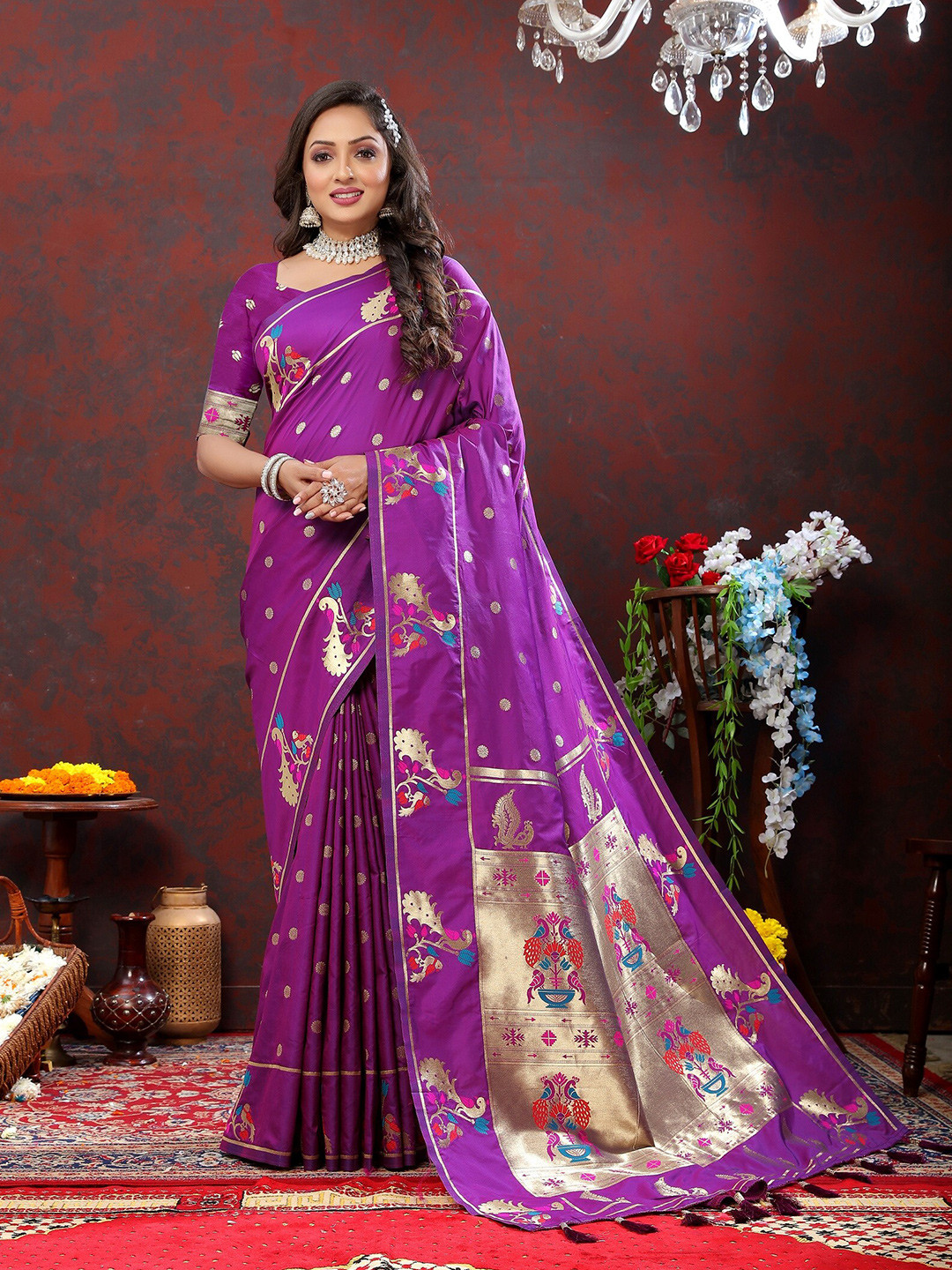 

VEDANT VASTRAM Ethnic Motifs Zari Paithani Saree, Purple