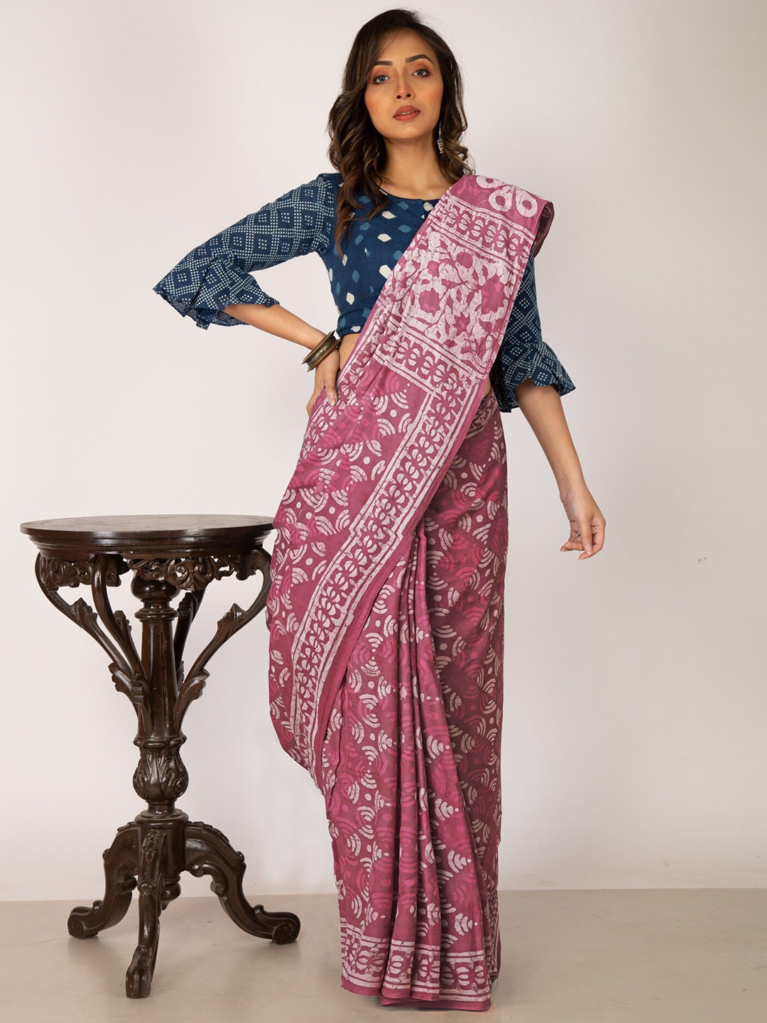 

Unnati Silks Dabu Printed Pure Cotton Handloom Chanderi Saree, Pink