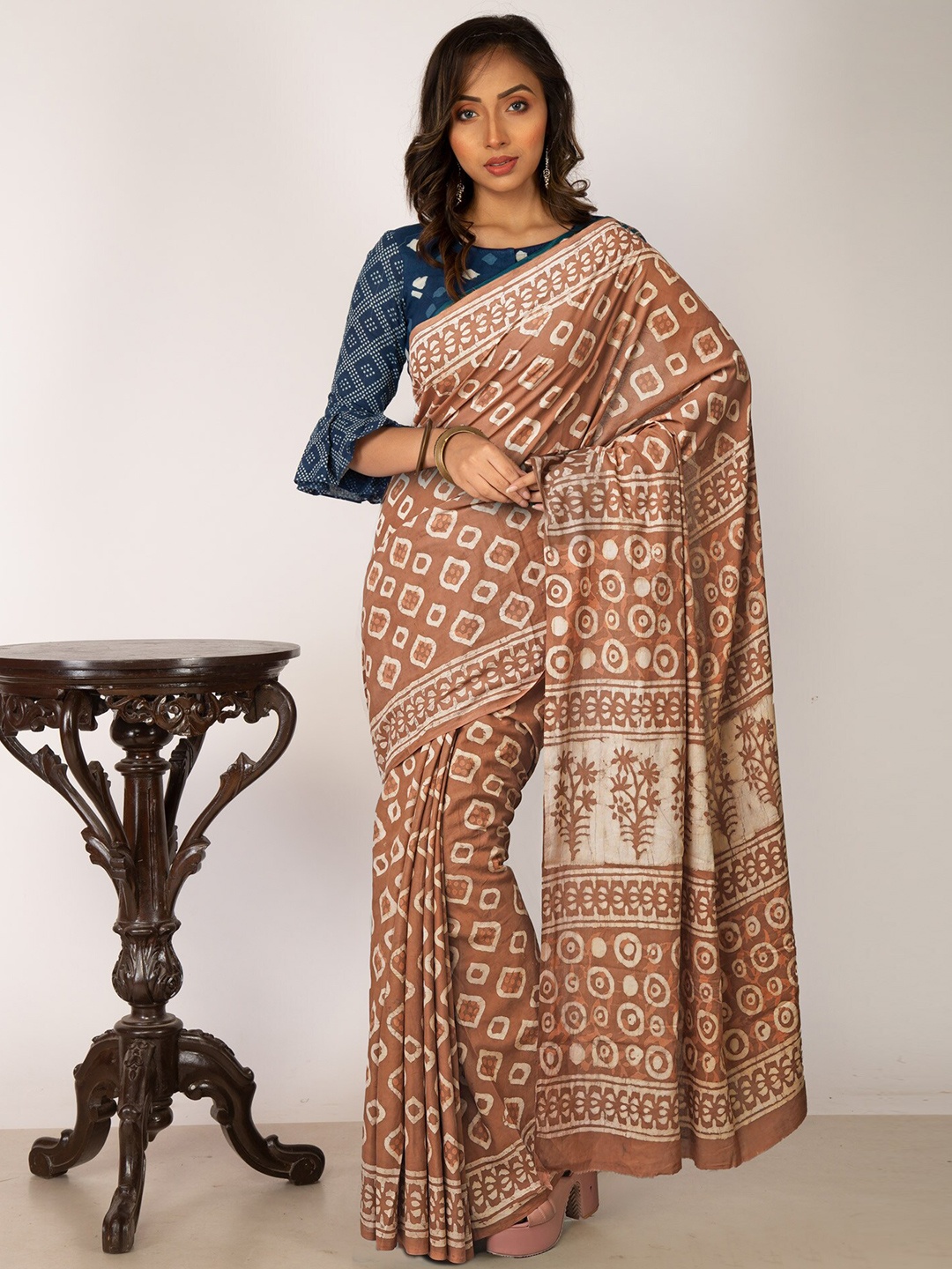 

Unnati Silks Dabu Pure Cotton Chanderi Saree, Brown