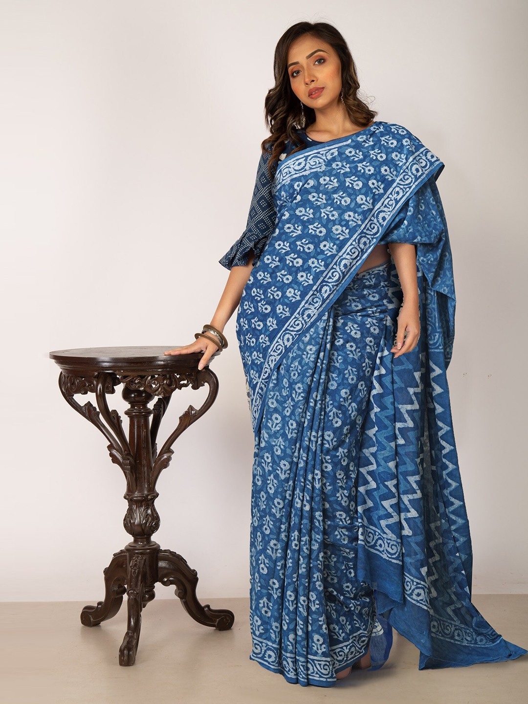 

Unnati Silks Floral Printed Pure Cotton Handloom Chanderi Saree, Blue