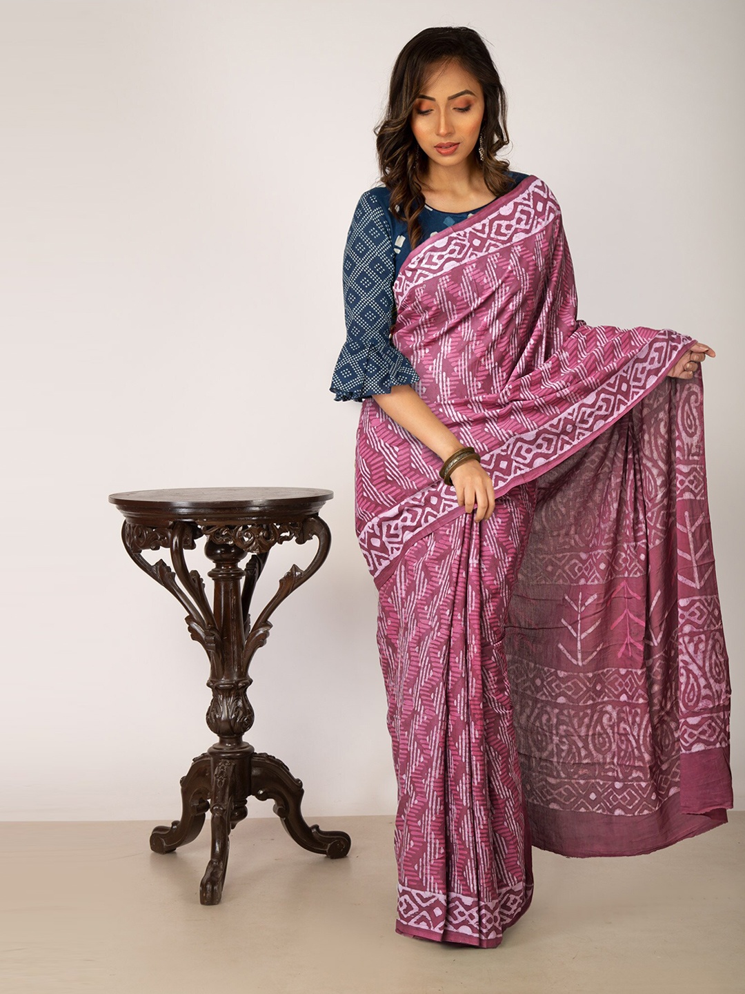 

Unnati Silks Dabu Printed Pure Cotton Handloom Chanderi Saree, Pink