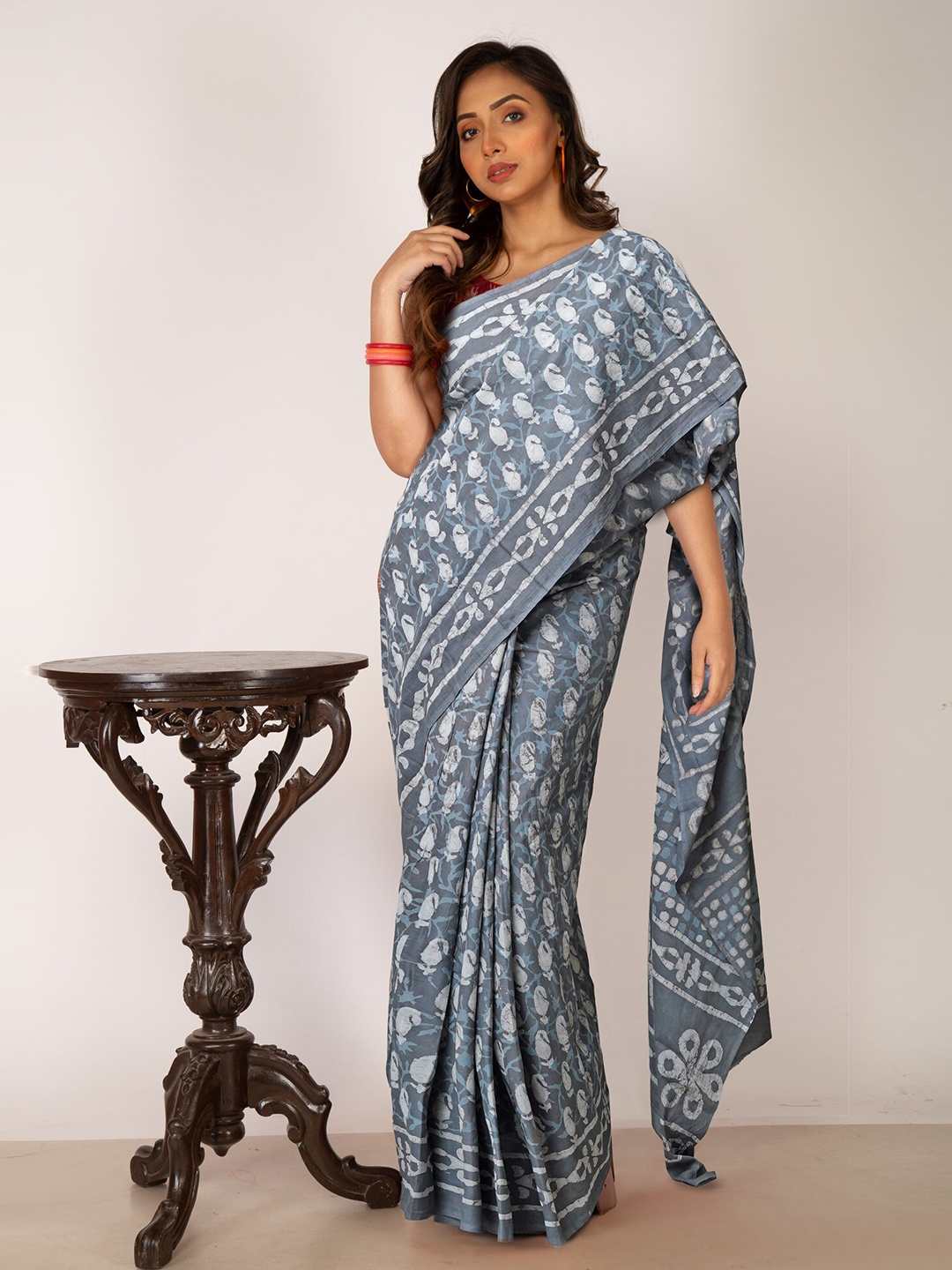 

Unnati Silks Dabu Printed Pure Cotton Chanderi Saree, Grey