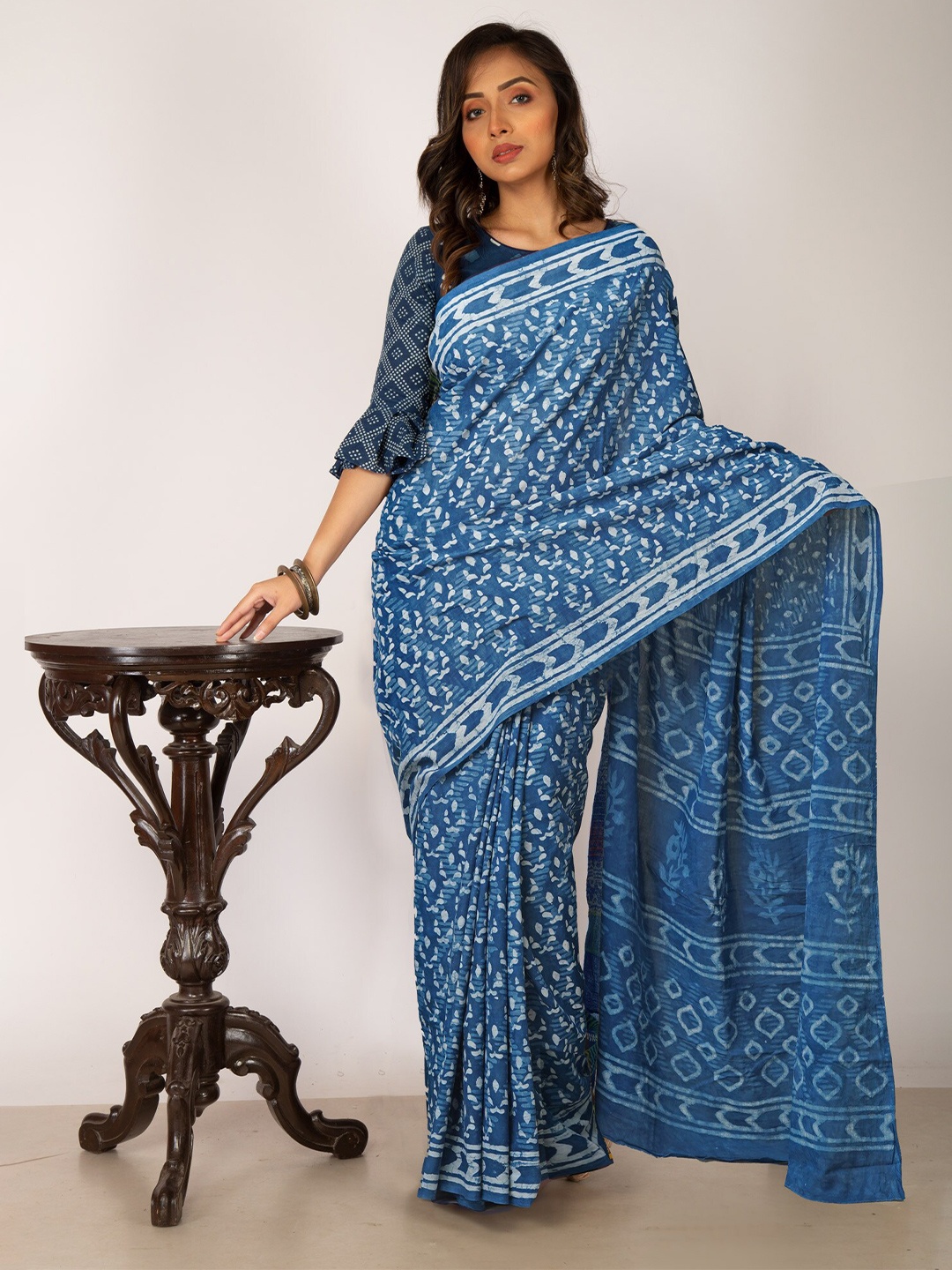 

Unnati Silks Dabu Printed Pure Cotton Chanderi Saree, Blue