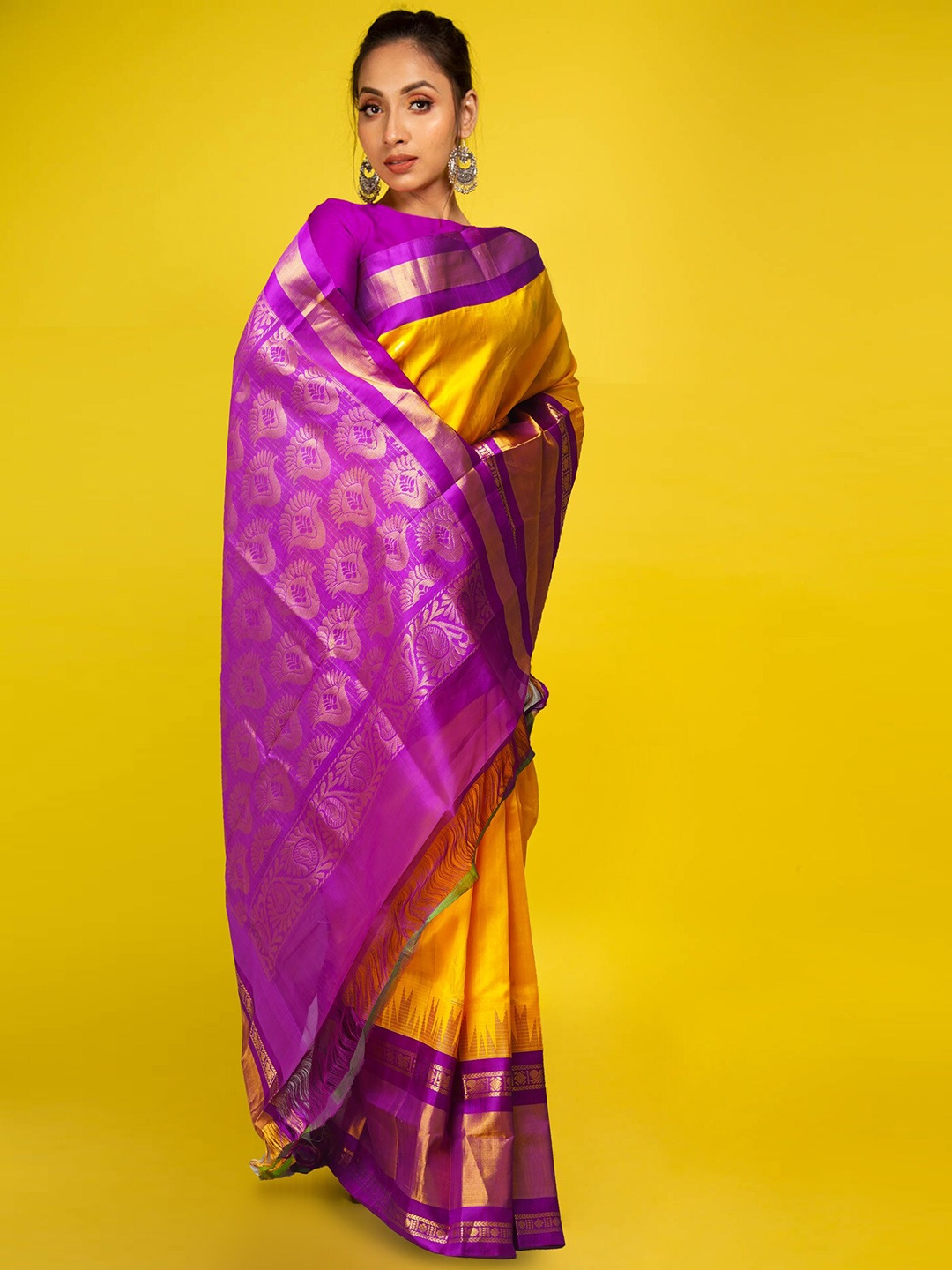 

Unnati Silks Ethnic Motifs Woven Design Zari Pure Silk Kanjeevaram Saree, Yellow