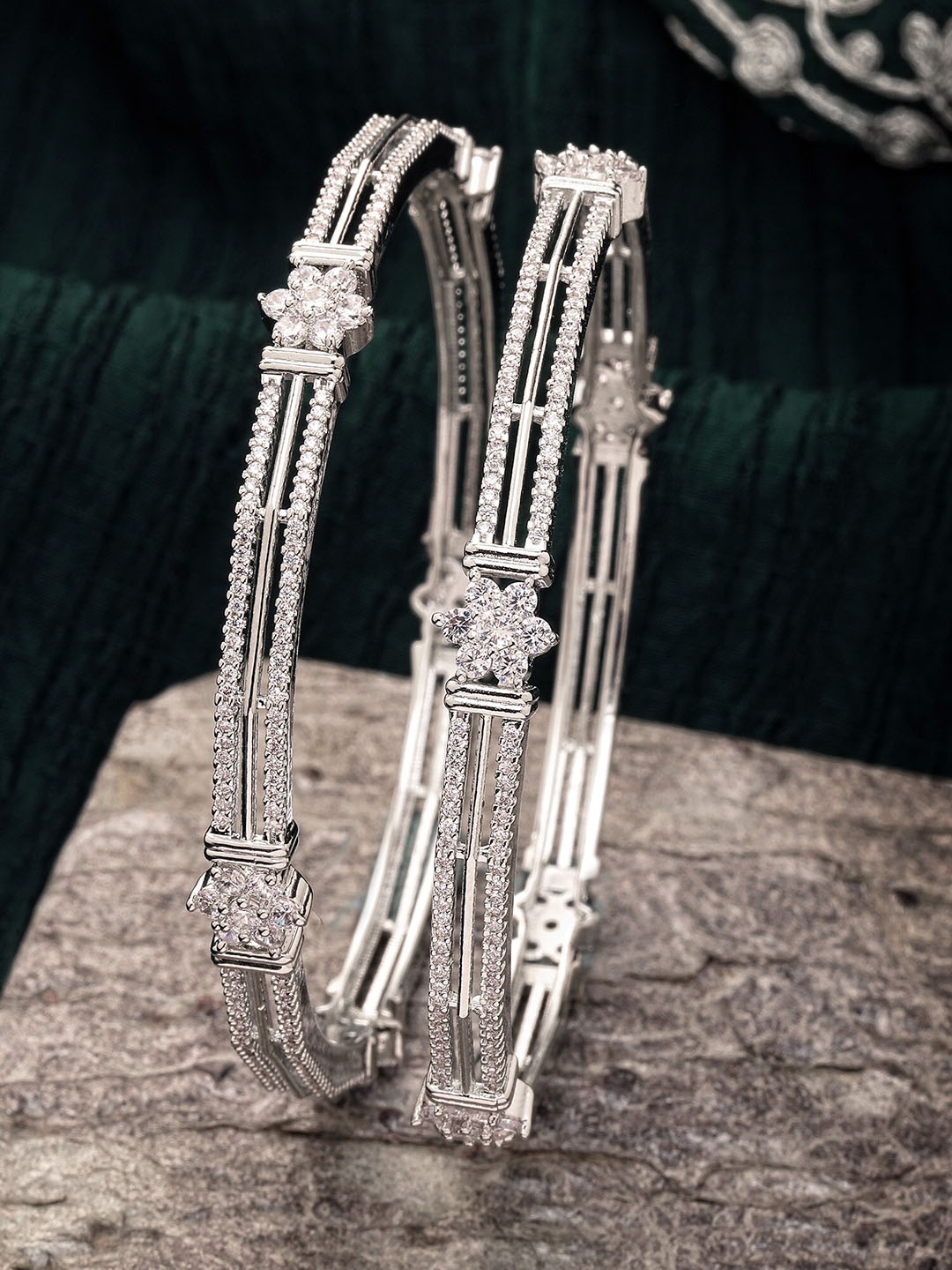 

KARATCART Set Of 2 Silver-Plated & American Diamond-Studded Bangles