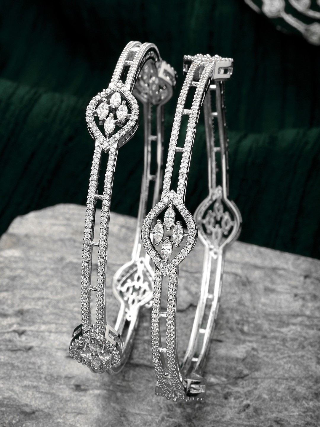 

KARATCART Set Of 2 Silver-Plated & American Diamond-Studded Bangles