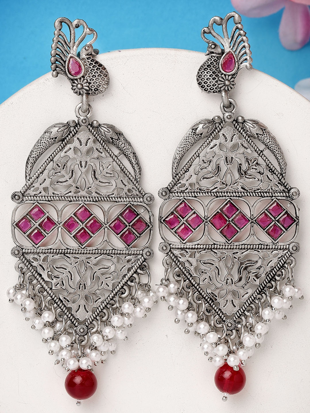 

KARATCART Silver Plated Kundan Drop Earrings