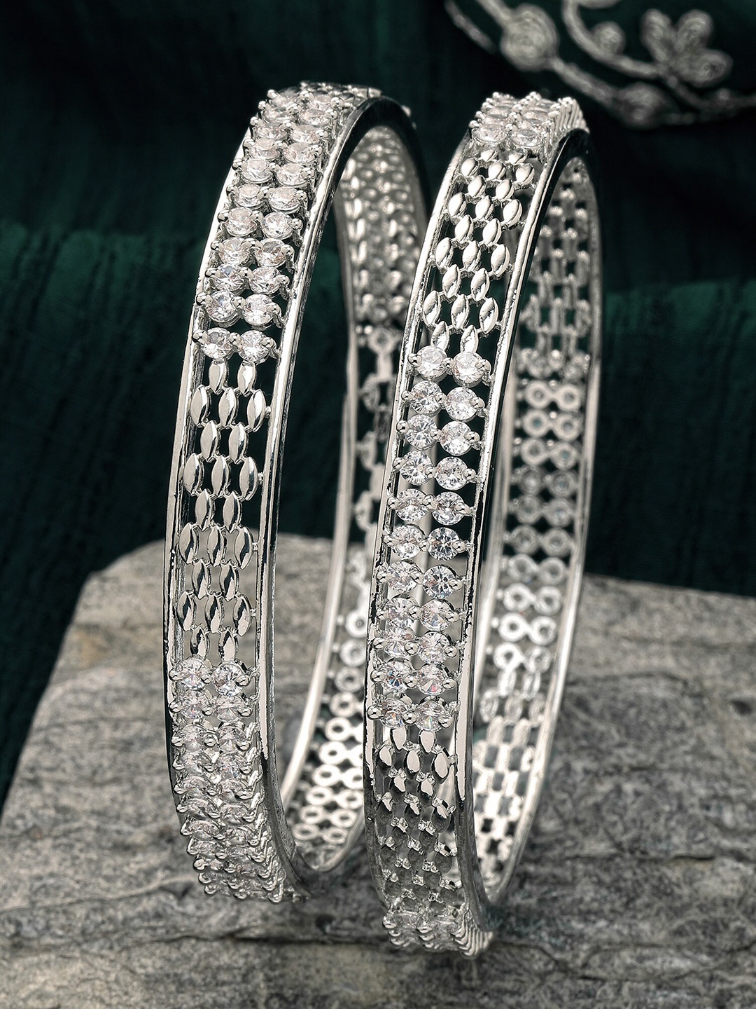 

KARATCART Set Of 2 Silver Plated & AD Studded Bangles