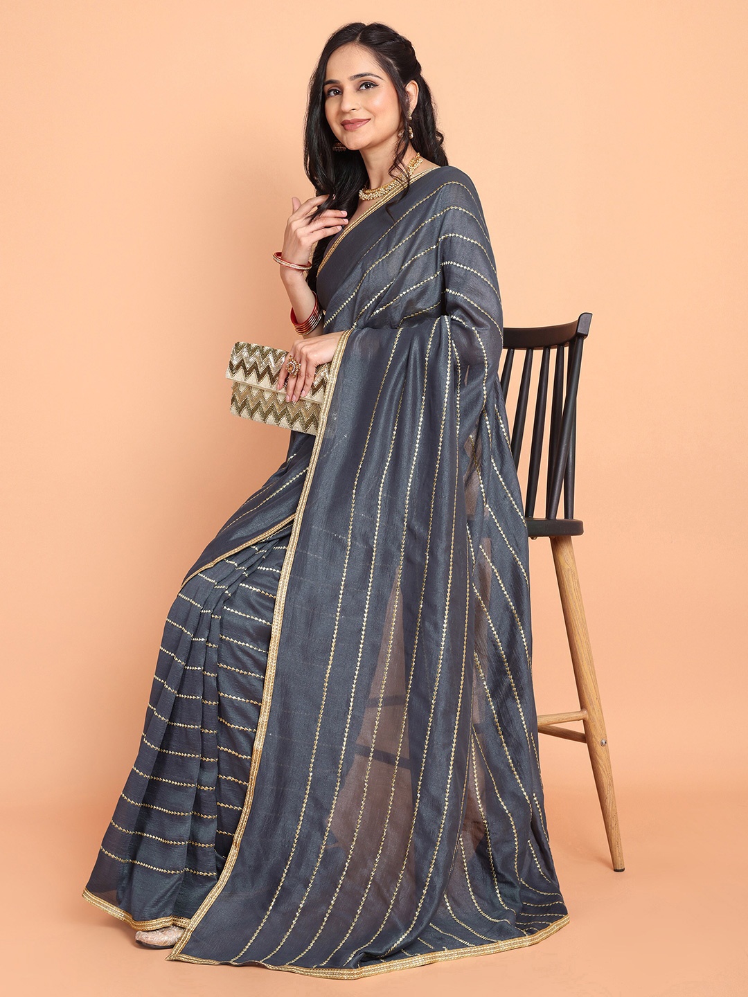 

Somras Striped Gotta Patti Saree, Grey