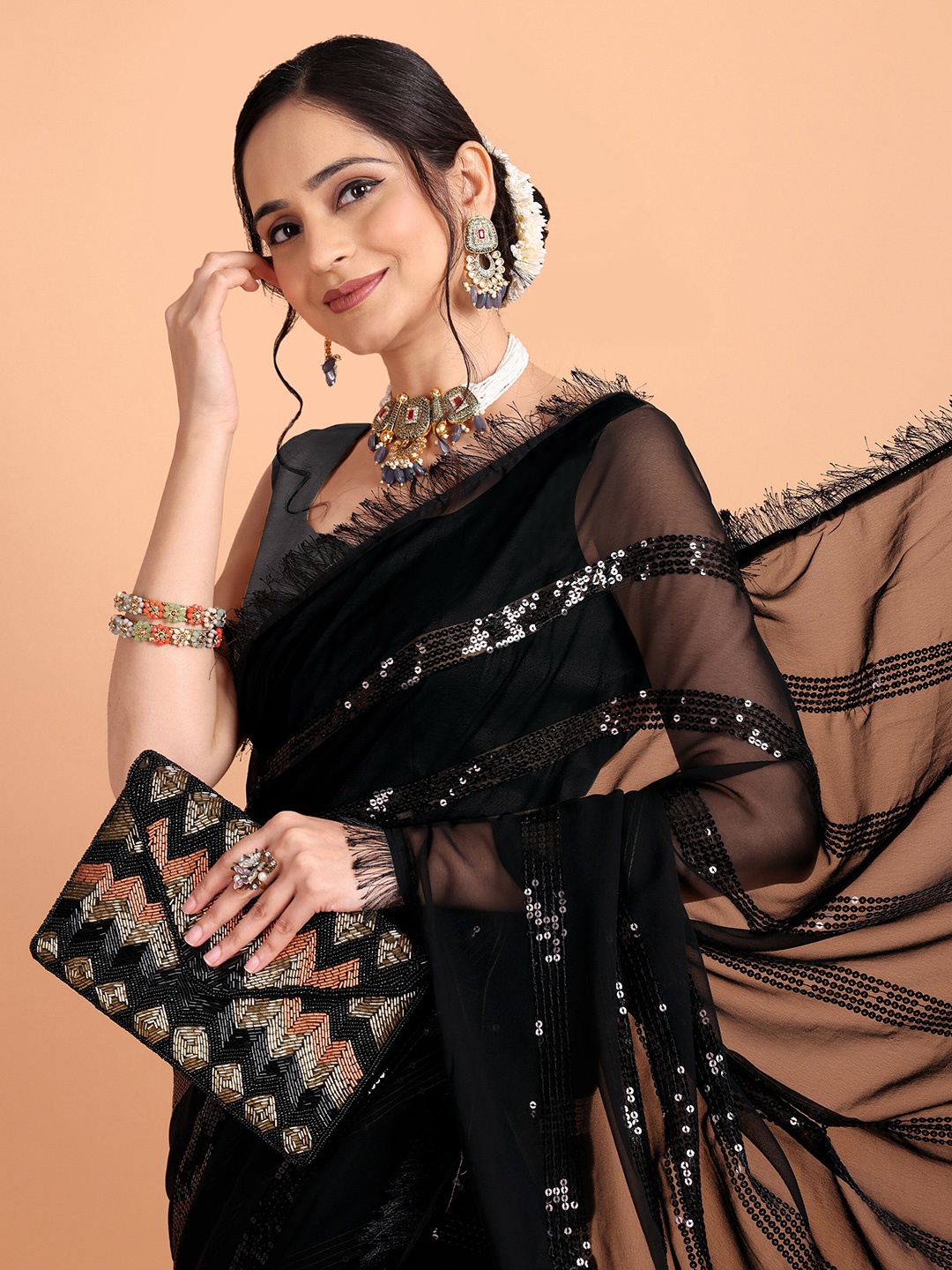 

Somras Striped Sequinned Pure Georgette Saree, Black